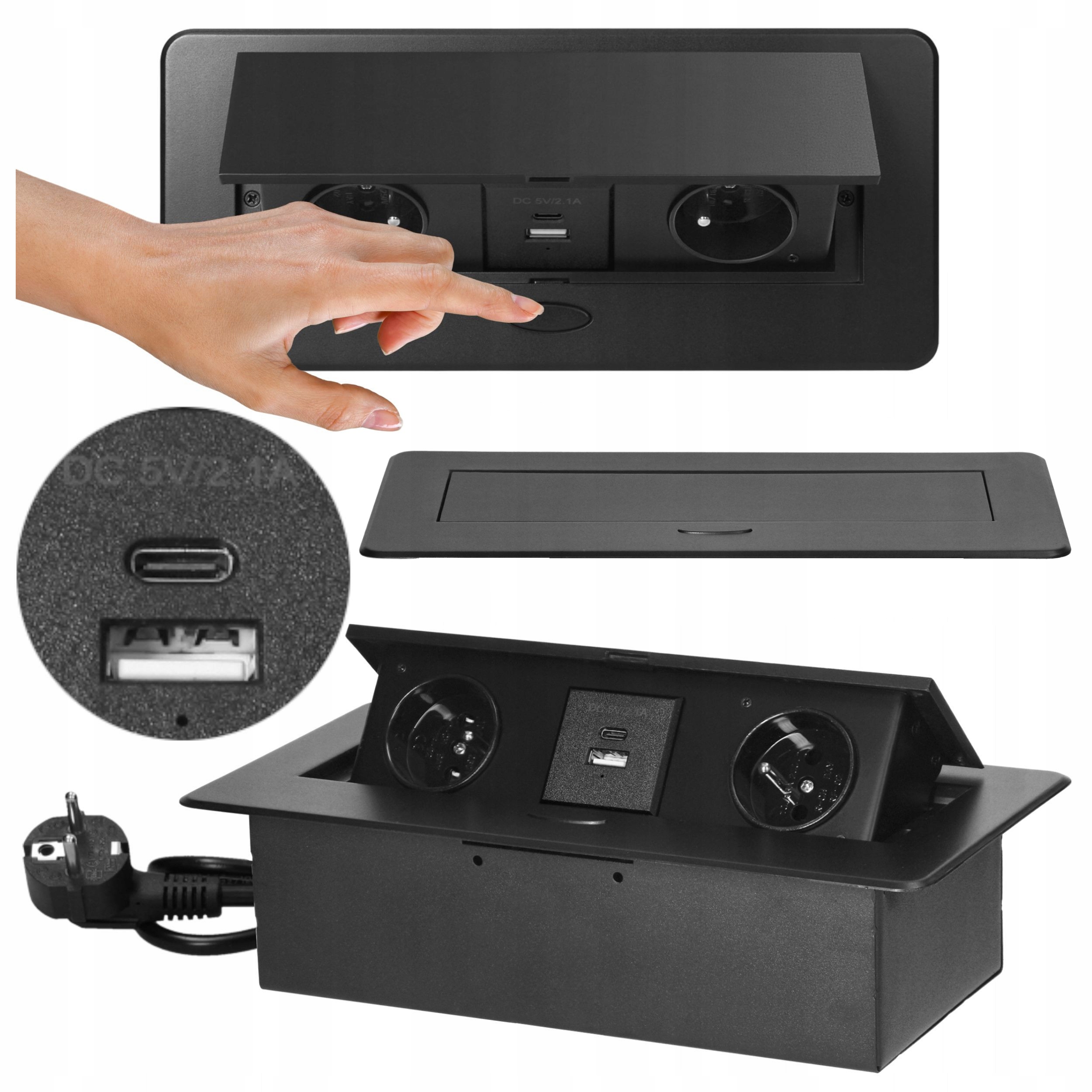 Gniazdo Nablatowe Wpuszczane Chowane w Blat Usb Usb-c 2x230V Czarne 1,5m