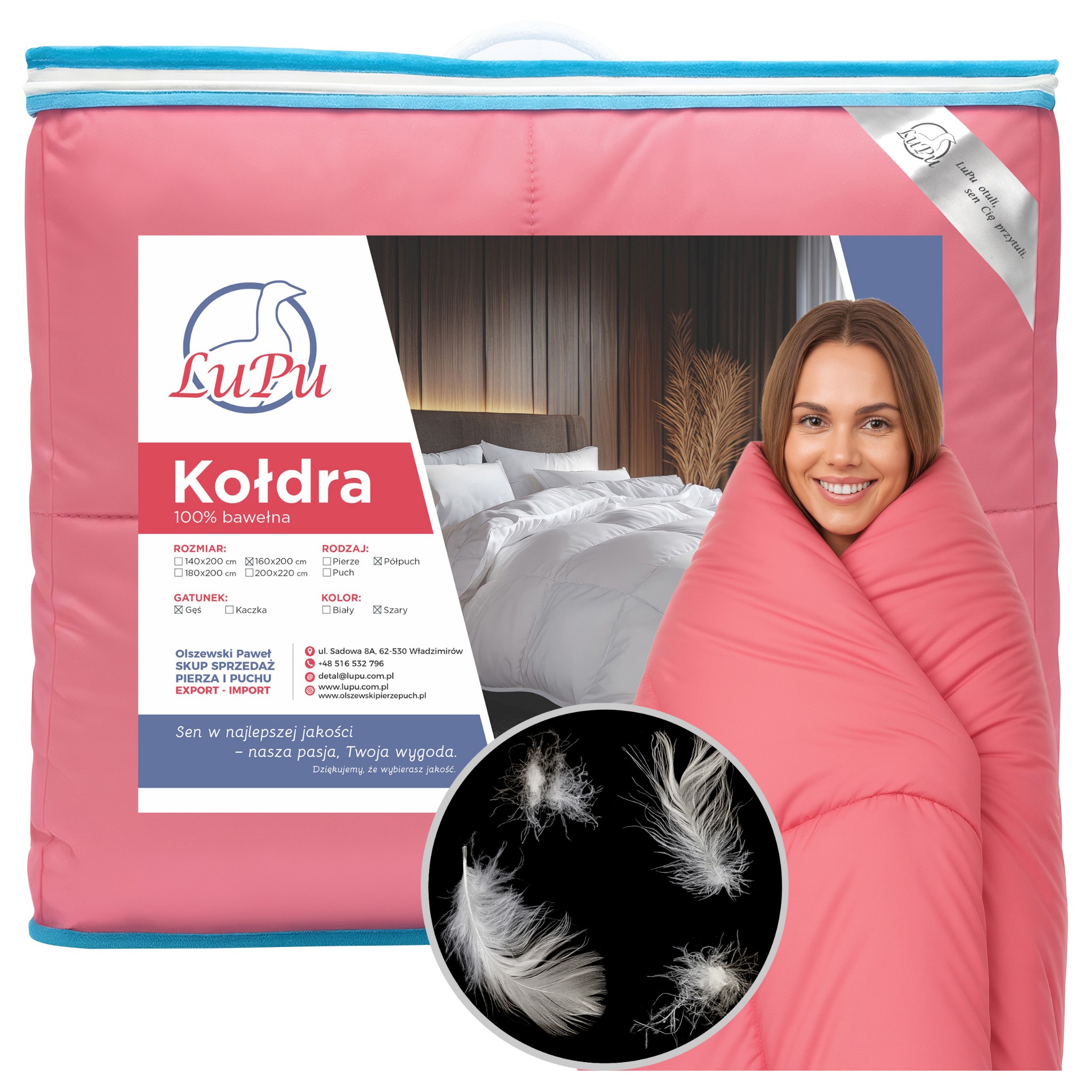 Prikrývka 160x200 Páperová celoročná antialergická Husia Pólka Ružová Lupu