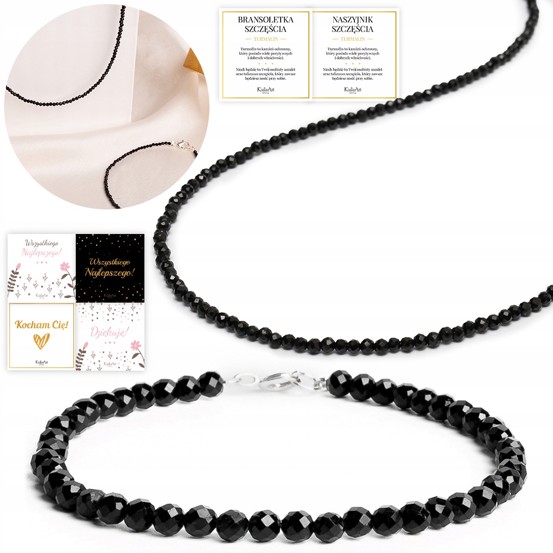 Sada Stříbrných Šperků Náhrdelník Černý Turmalín Náramek Turmalín