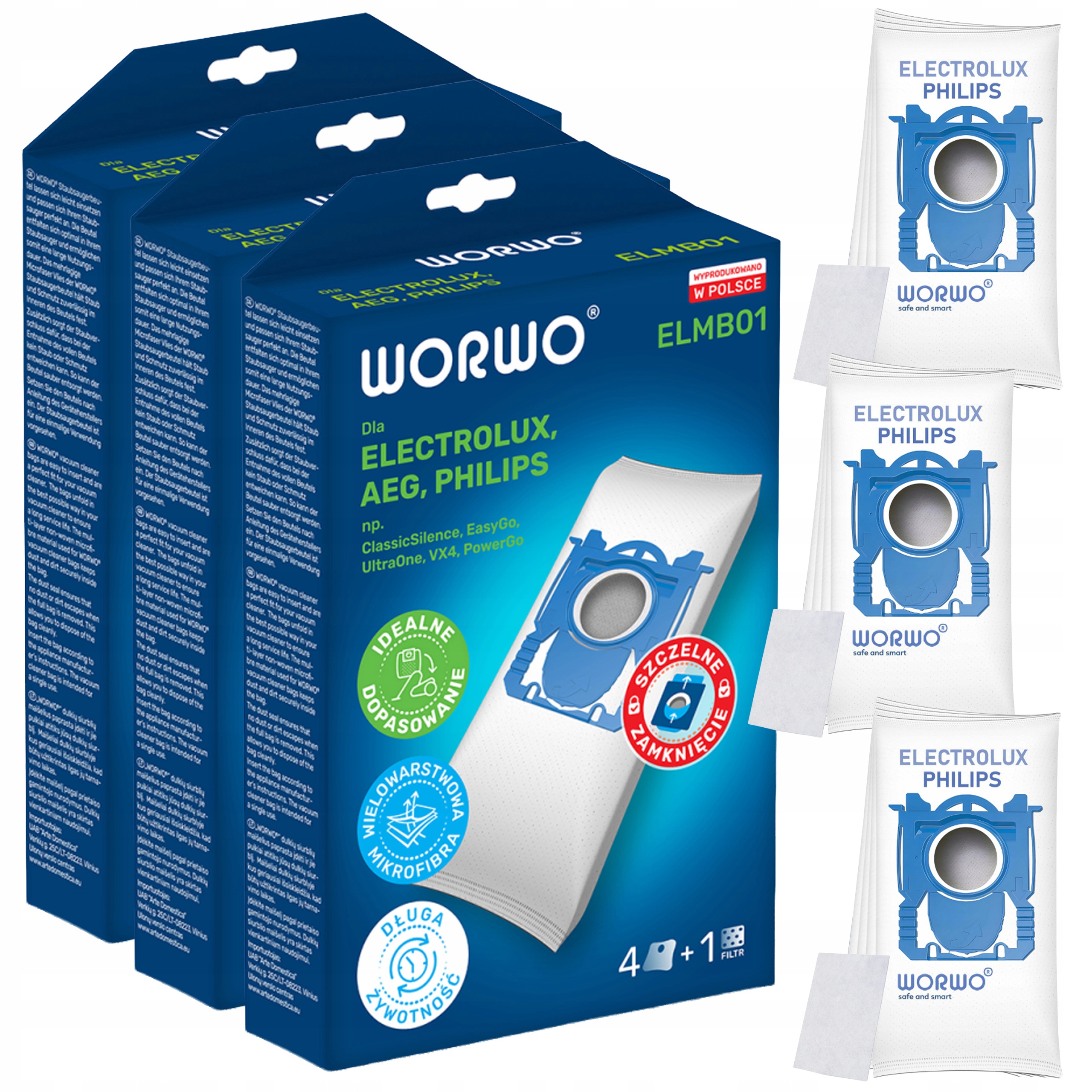 12x worki Worwo S-Bag do odkurzacza Electrolux Philips AEG ELMB01K + filtry