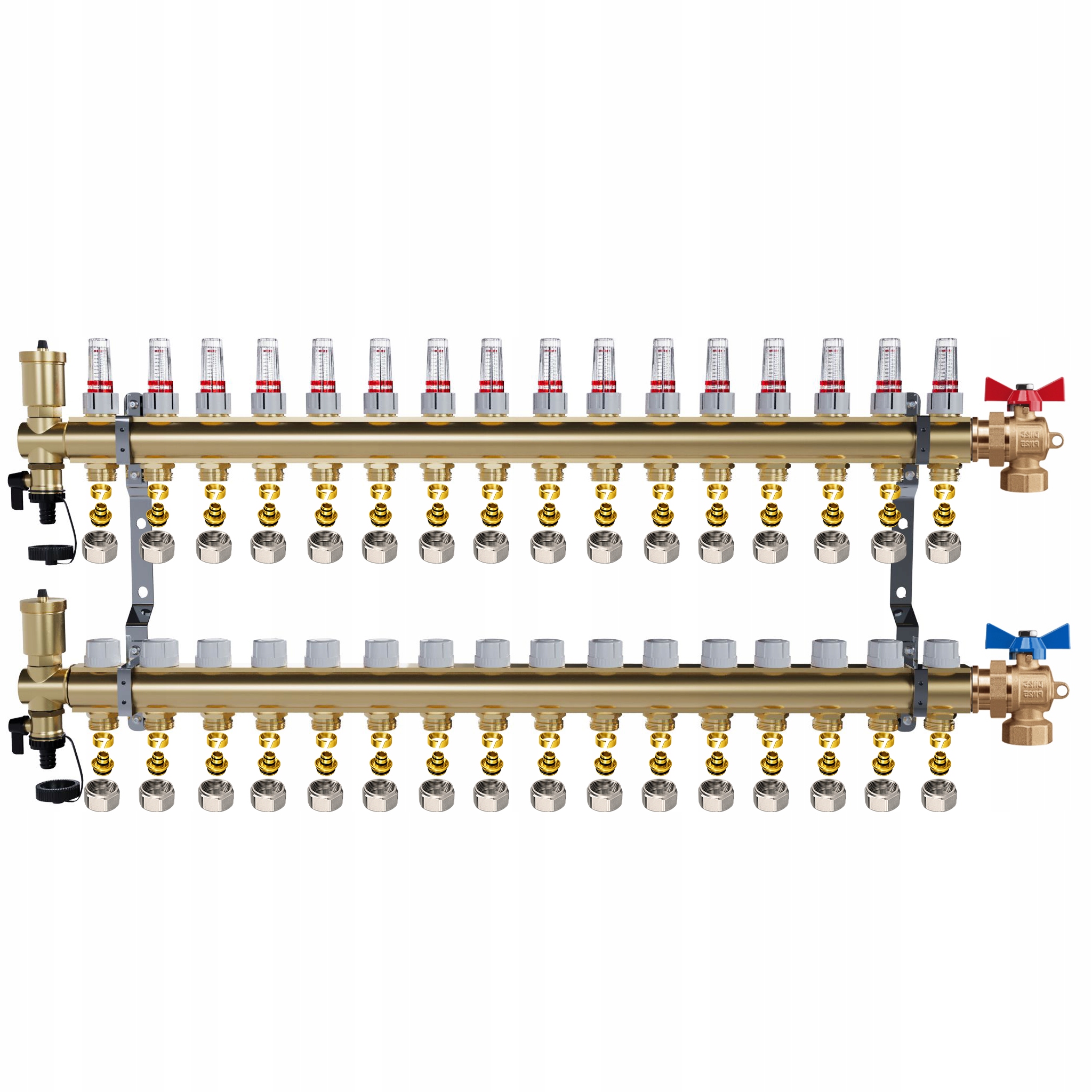 Rozdělovač mosazný 16 okruhů Topení Podlahové kulové ventily Pex