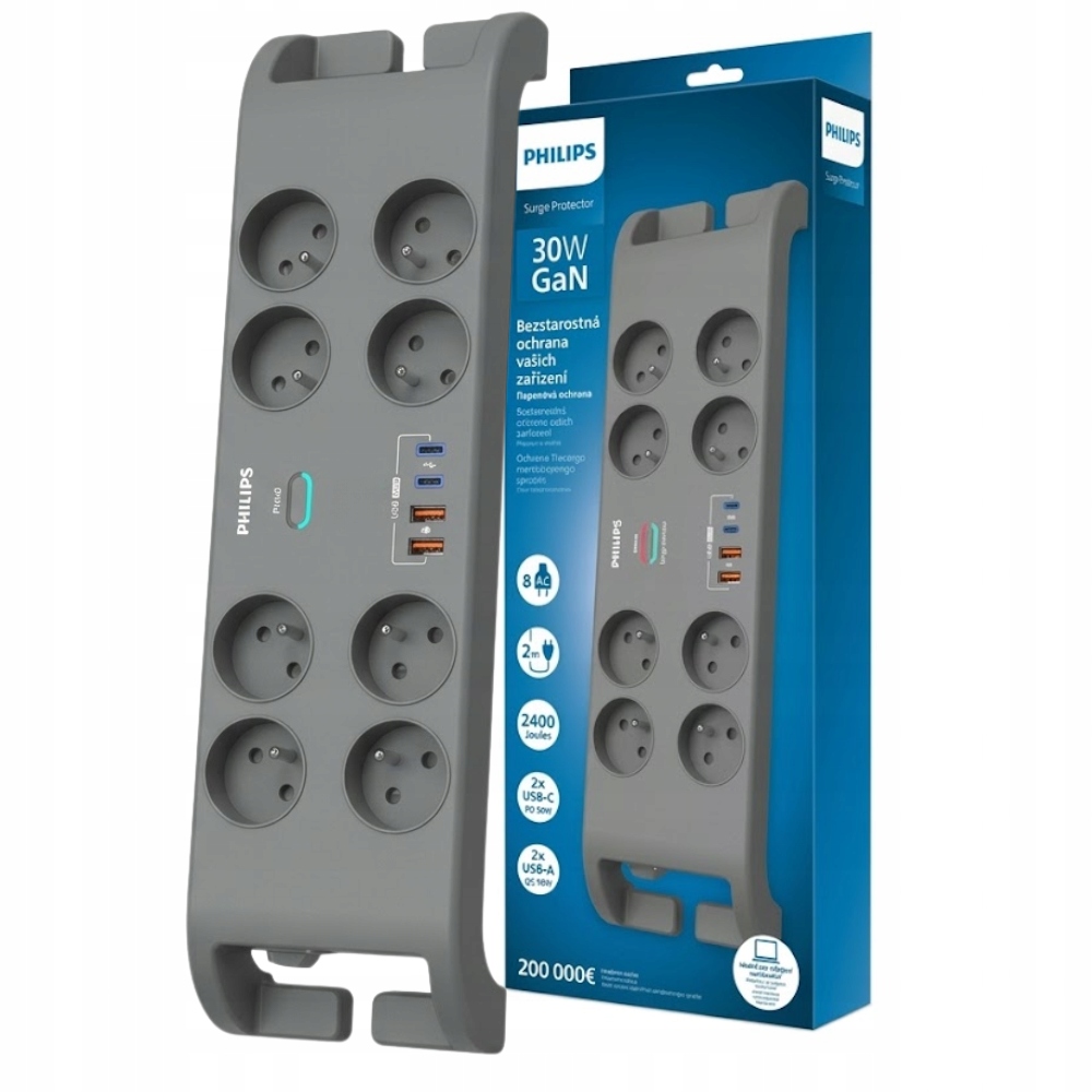 Prodlužovací Zásuvková Lišta Proti Přepětí 8 Zásuvek 30W Nabíječka GaN