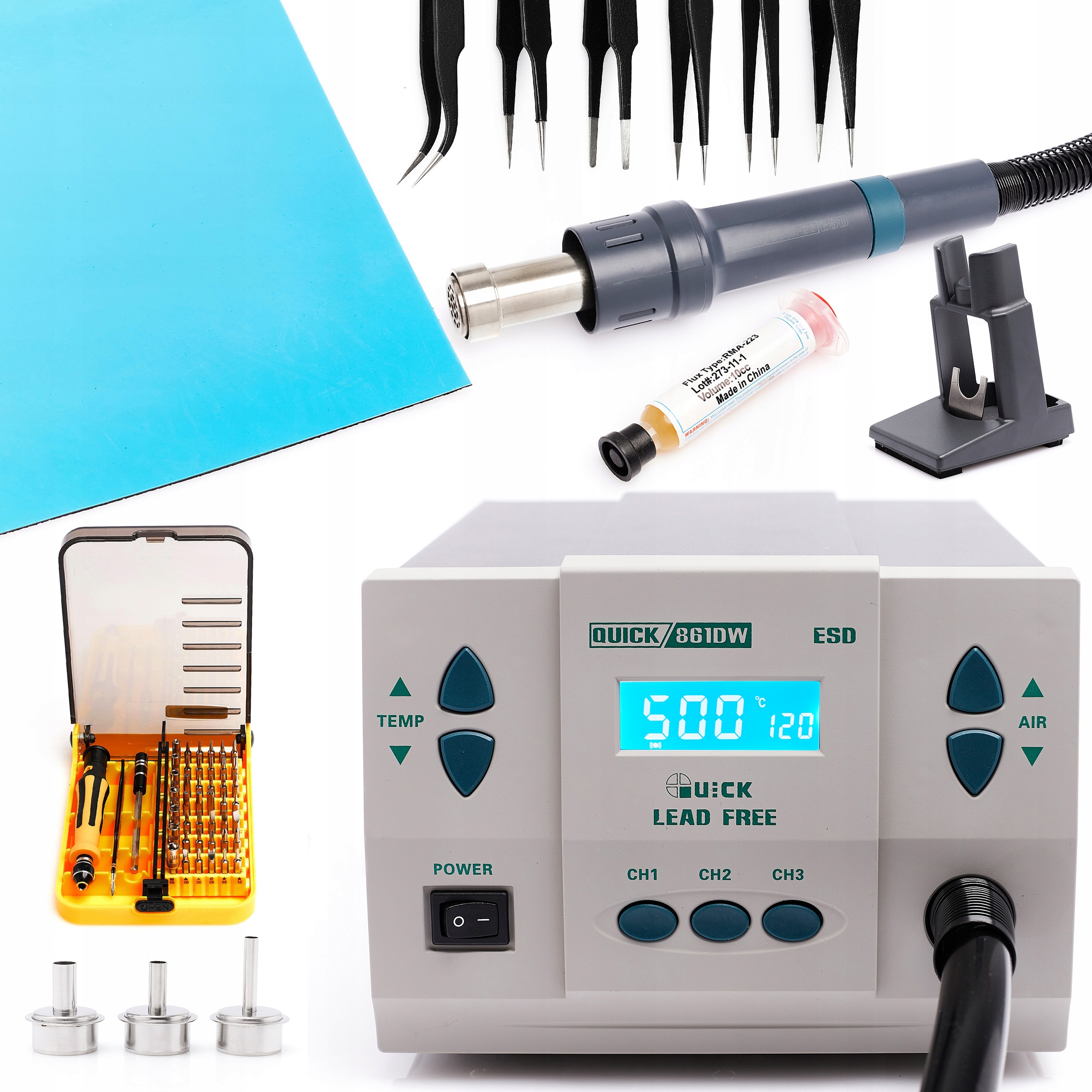 Pájecí Stanice Hot-air Quick 861DW Esd 1000W 6 Pinzetová Podložka Servis Tavidlo