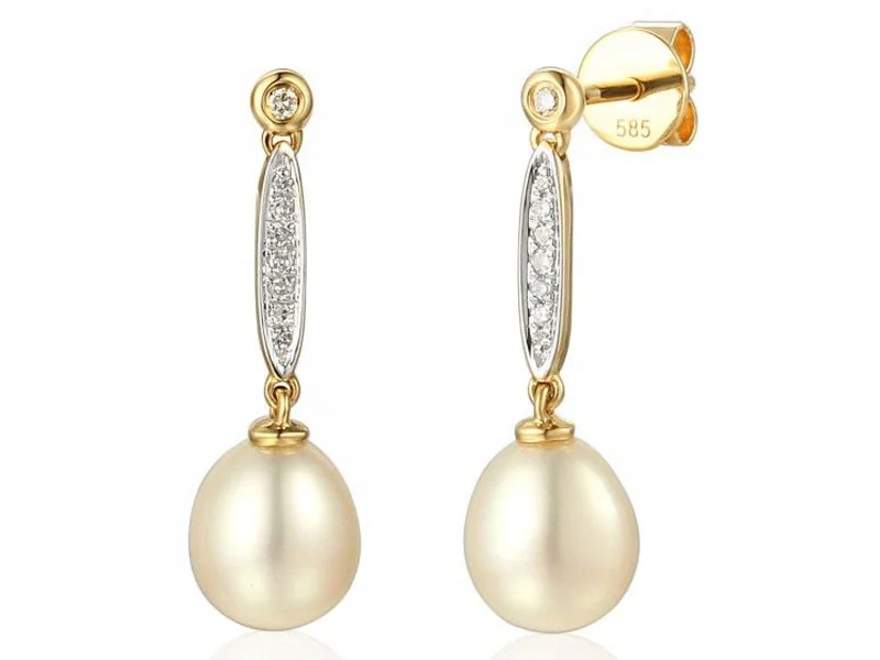Zlaté náušnice bílé perličky 585 perly s diamanty elegantní tyčinky 14k