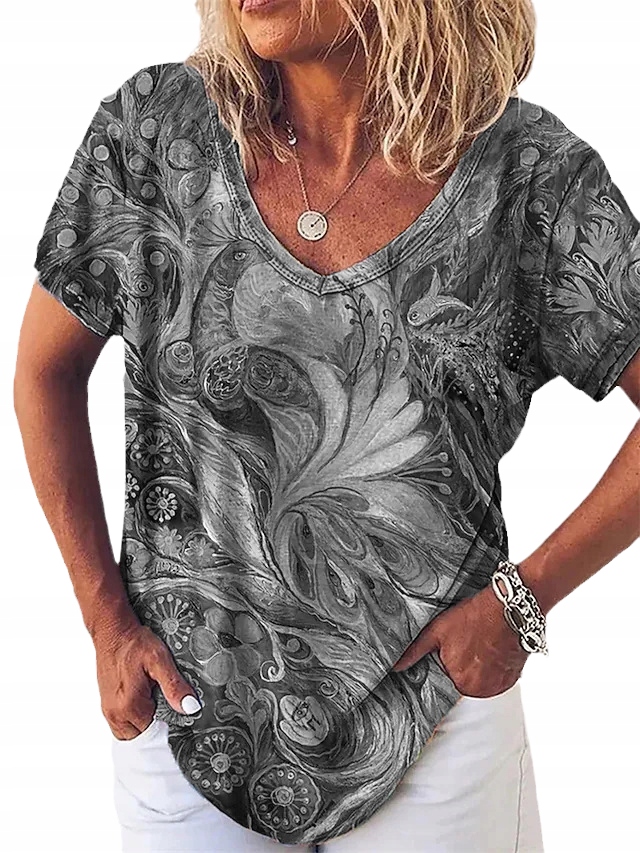 ELEGANCKA KOBIECA BLUZKA T-SHIRT NADRUK ABSTRAKCJA Wzór dominujący marmurkowy