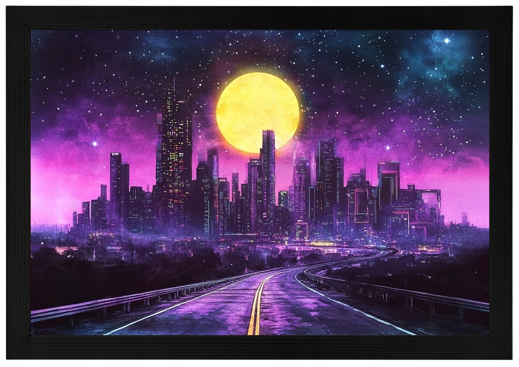 Plakát Rámeček Na Plakát Cyberpunk Synthwave City Mrakodrapy Road 60x40