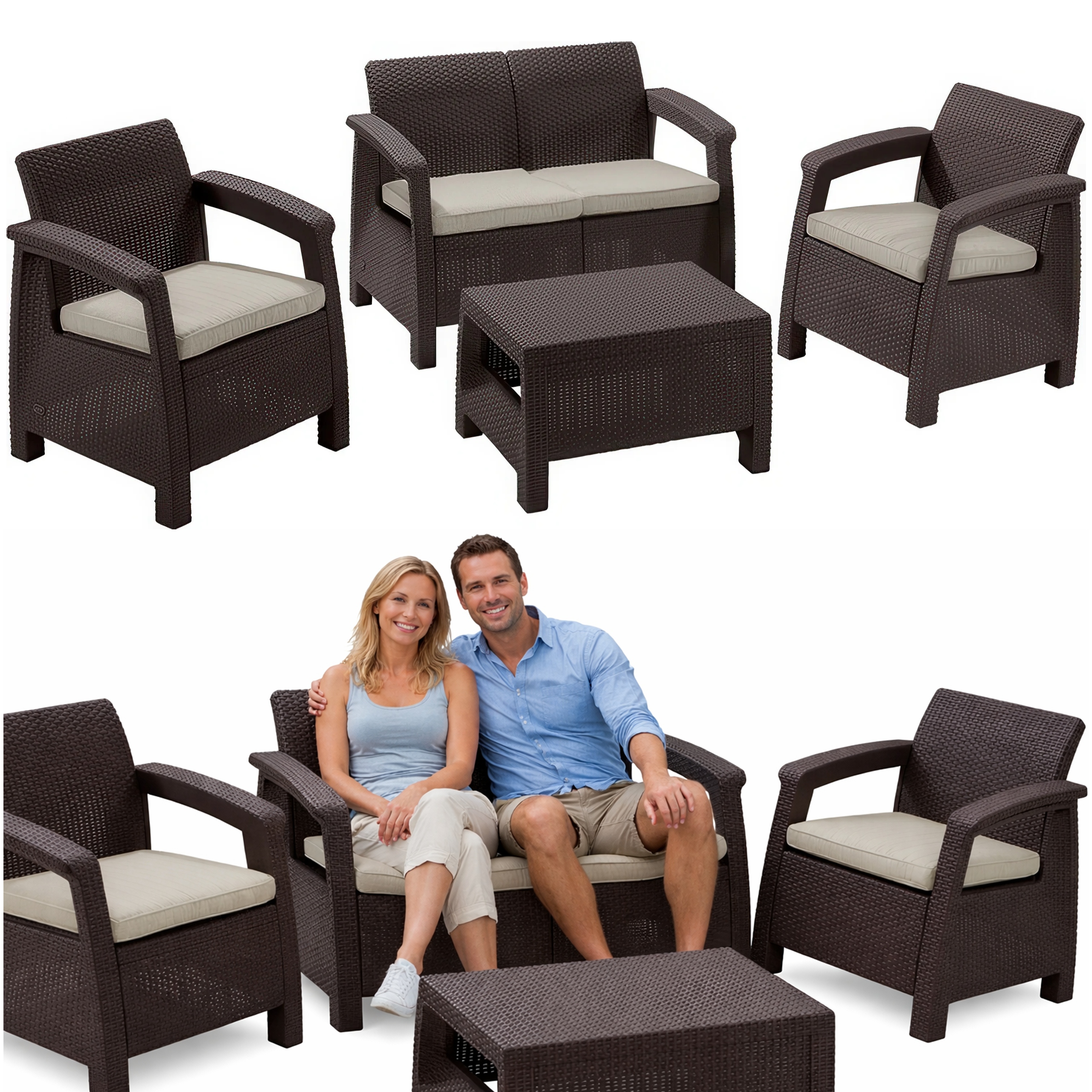 Zestaw Mebli Ogrodowych Meble Keter Corfu Stolik Sofa 2xFotel na Taras brąz