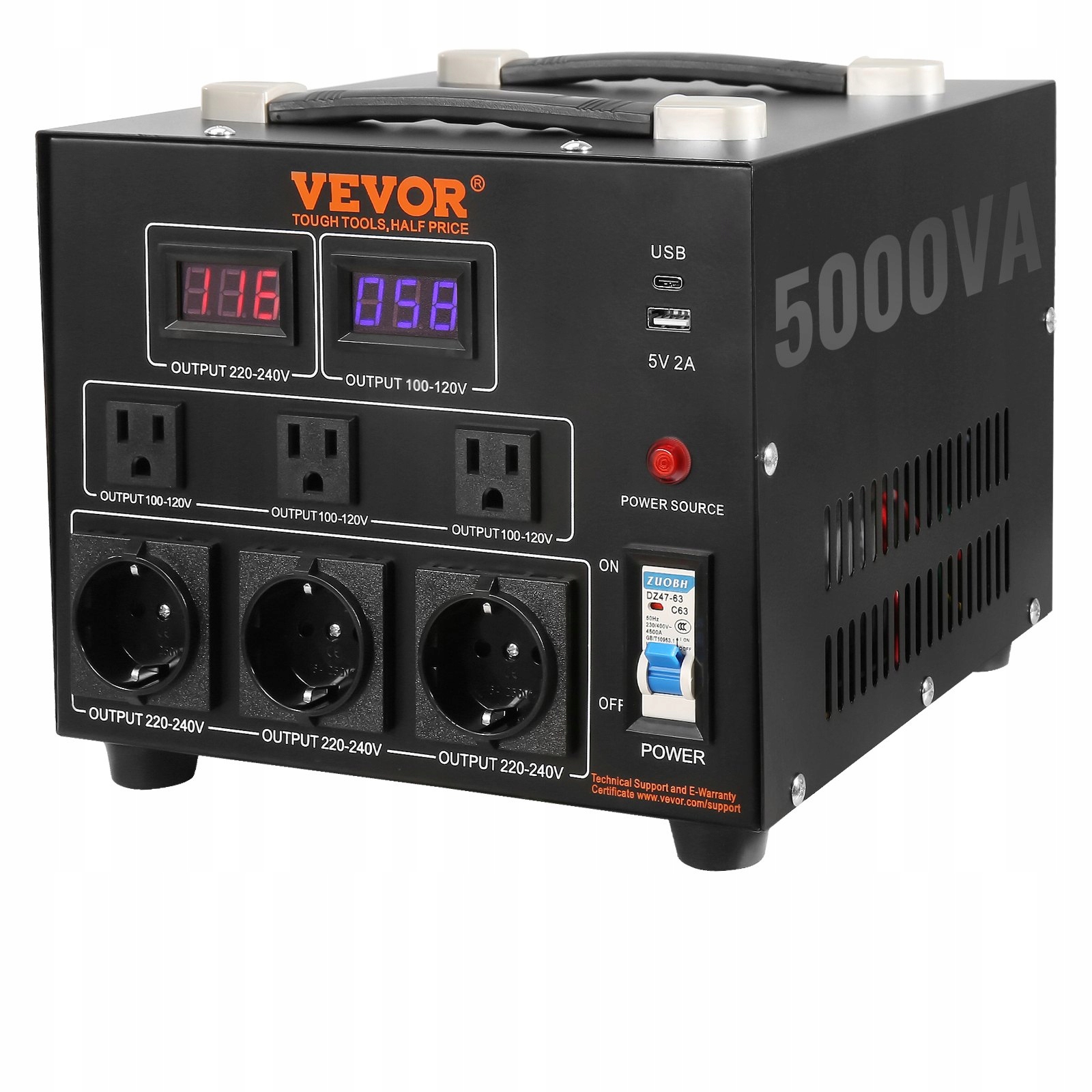 Měnič Napětí 5000VA 110V/220V zásuvky Us/eu Usb port Ce
