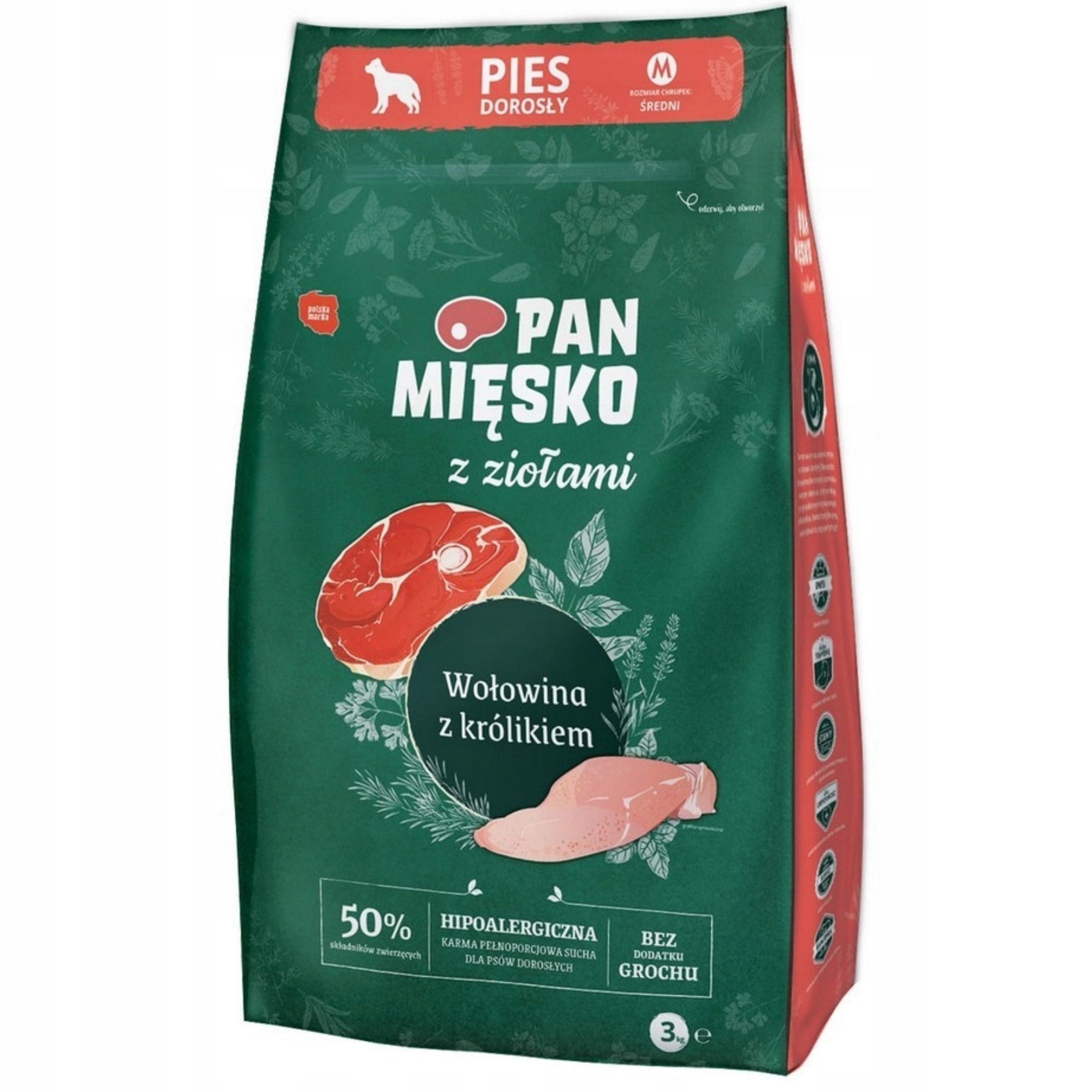 Suché krmivo pro psa Hovězí králík Bylinky Pan Mięsko hypoalergenní M 3kg