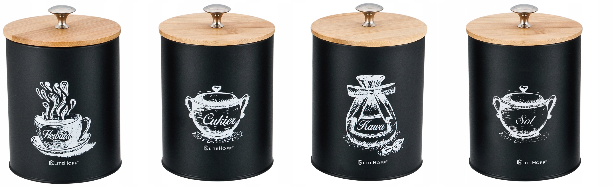 

Pojemniki na Kawa,Herbata,Cukier i Sól,4szt Czarny