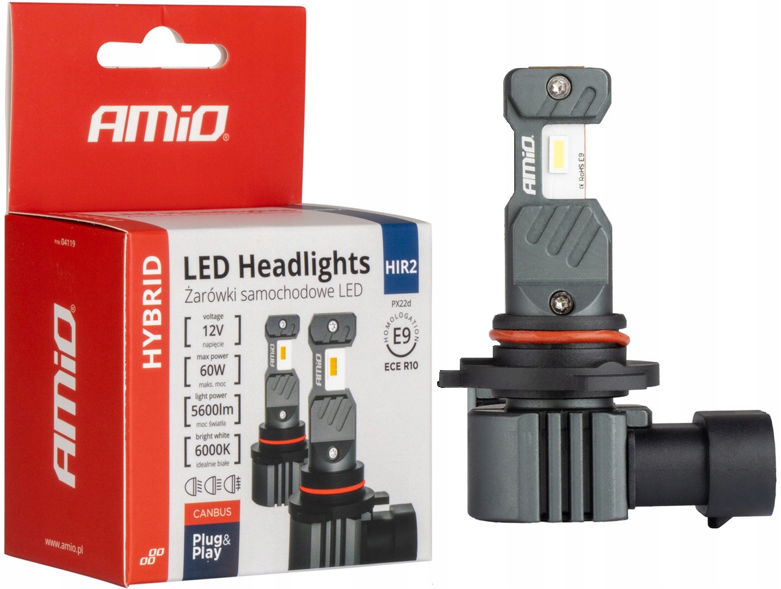 Led HIR2 Żarówki Amio 6000K Zimny Biały Canbus Rozmiar Jak Oryginalne HIR-2
