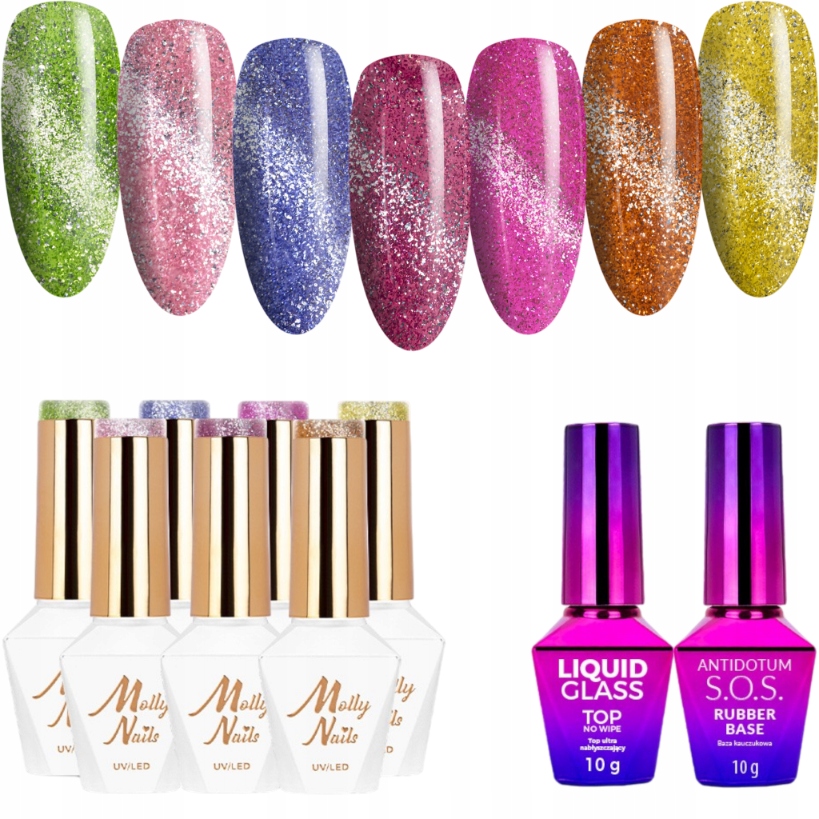 7x Hybridní lak Mollynails 8g Cat Eye Glacier Crush Báze Top Set