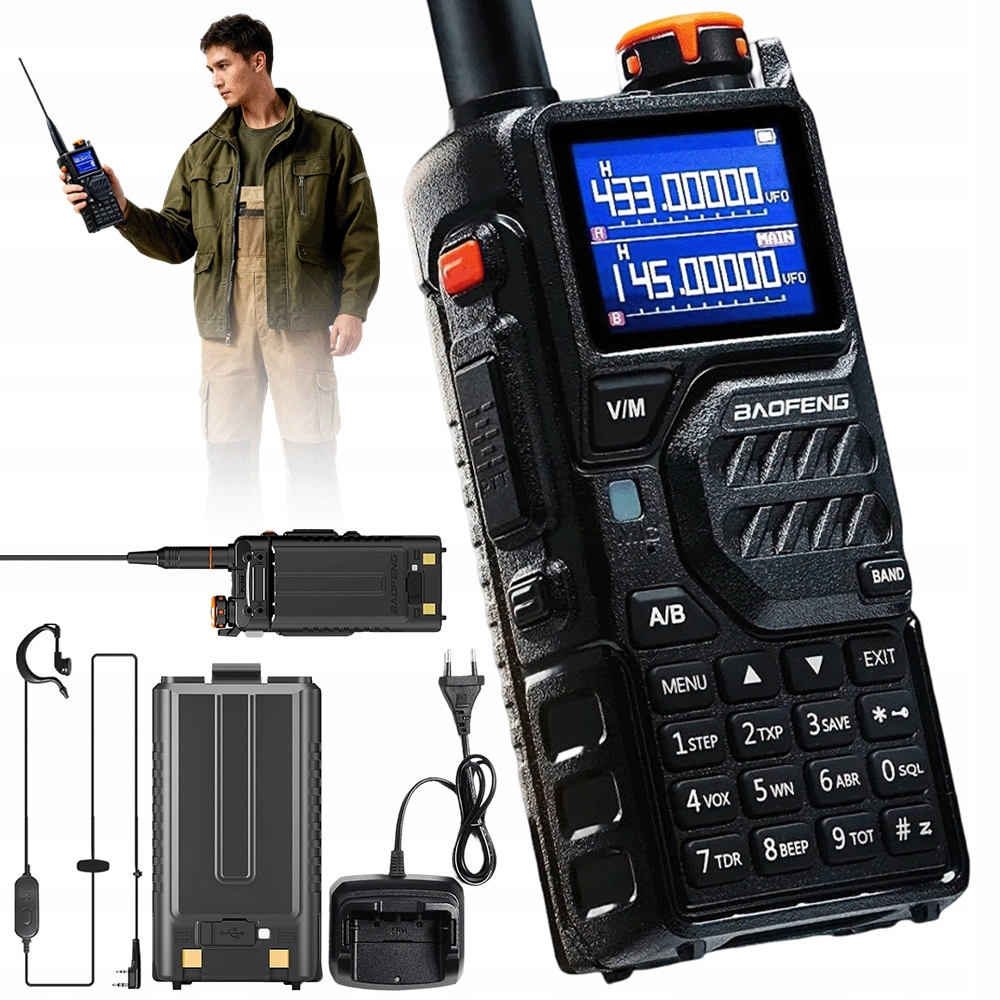 Krótkofalówka Wielopasmowa 1800mah Tri-Band Czarna Zasięg 3-5km