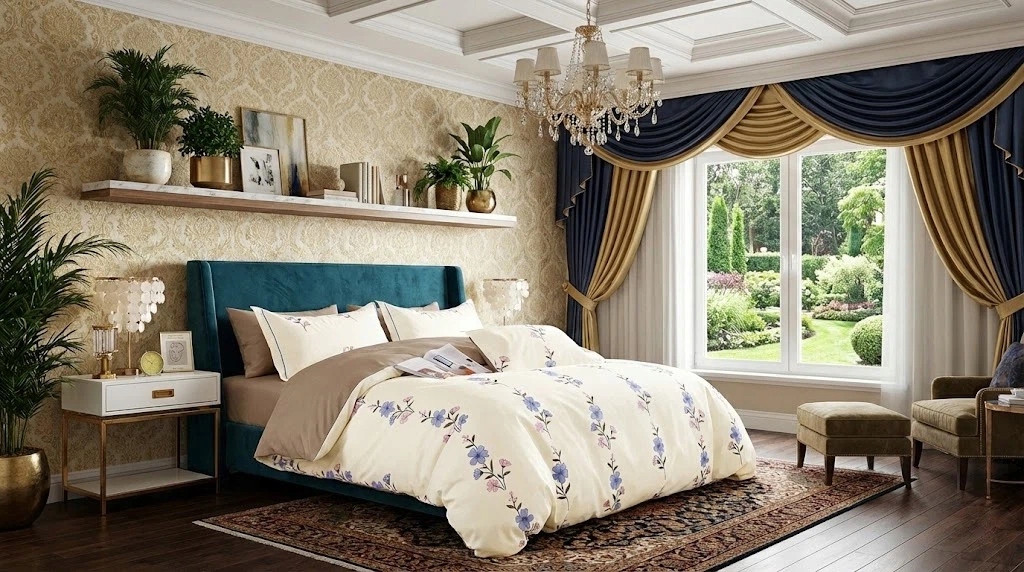 3dílná sada povlečení na peřinu, krémově modro-růžová, 100% bavlna, do ložnice, 160×200 cm