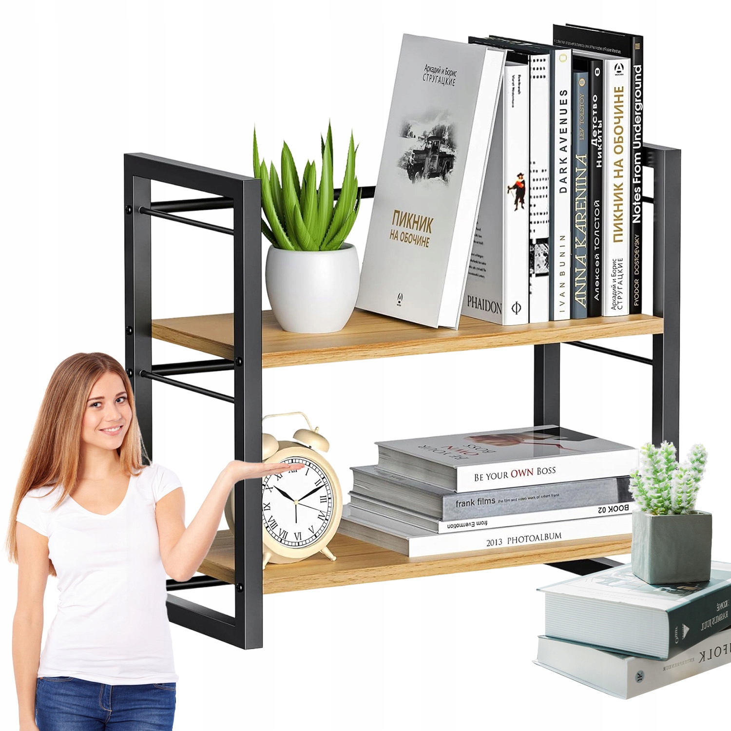 Dvouúrovňový Organizér Do Obývacího Pokoje, Volně Stojící Police, Kov, Dřevo, 40 CM