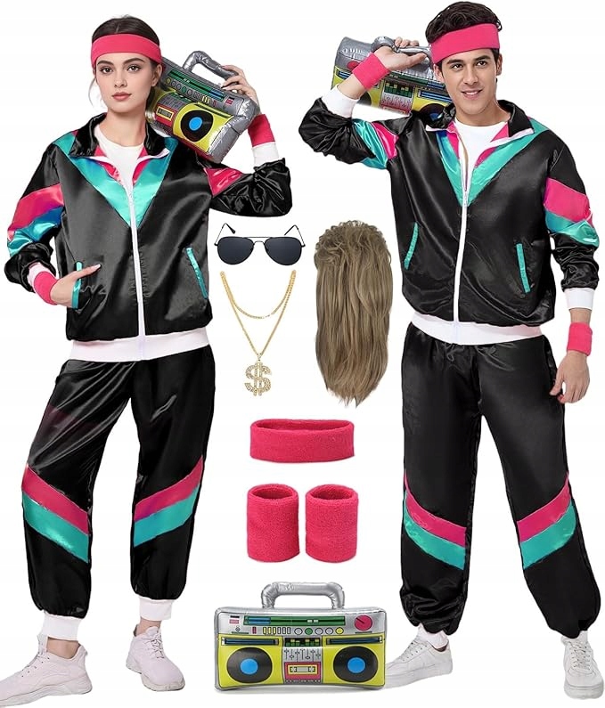 Sportovní kostým z 80. let, unisex ortalion s doplňky, paruka XXL