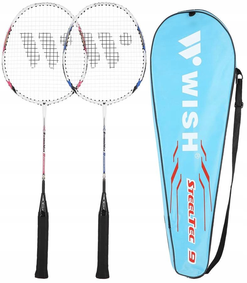 WISH Zestaw 2 Rakiety Do Badmintona + 6 Lotek Piórkowych + Siatka 630 cm Model Steeltec 9K