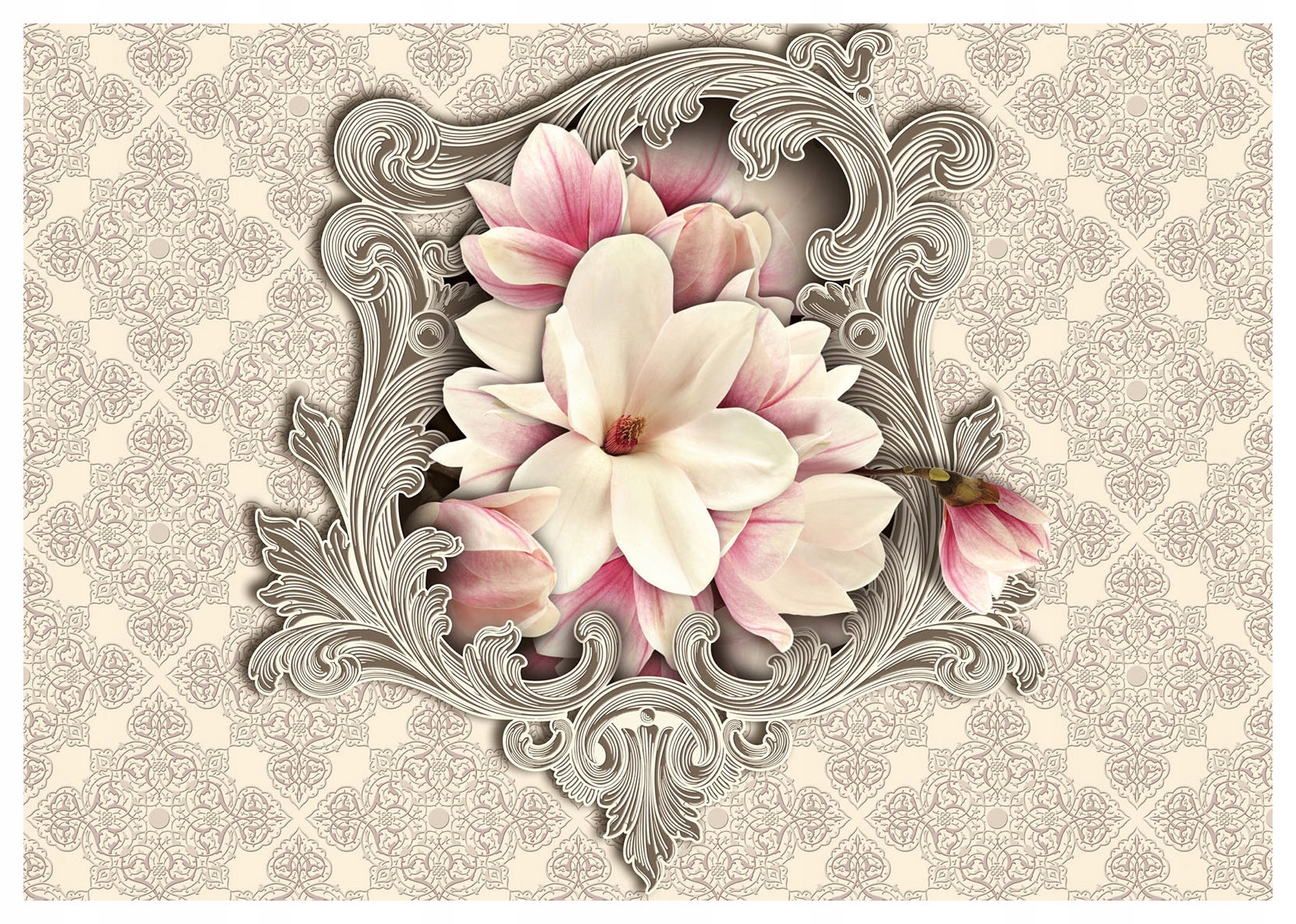 Vliesová fototapeta Magnolie Vintage v rámu Bezový vzor 254x184 lepidlo