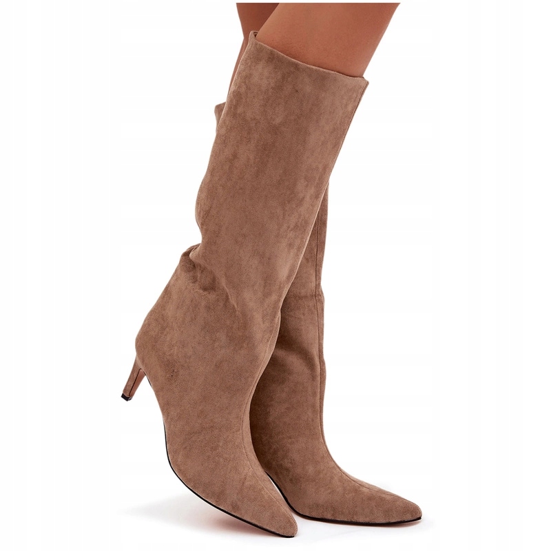 Dámské Zateplené Kozačky Nazouvací Podpatek Eko Semiš Béžová 40