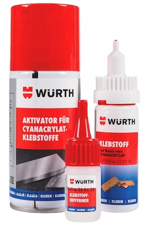 Wurth Zestaw 3SZT Set Aktywator Klej Błyskawiczny Środek Do Usuwania Kleju
