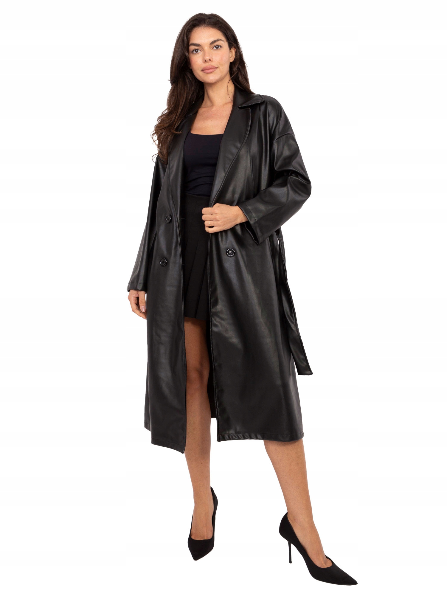 Płaszcz Damski Skórzany Dwurzędowy Gładki Za Kolana Z Paskiem