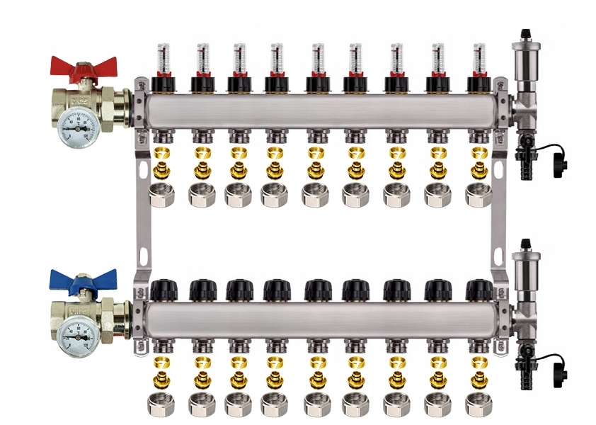 Rozdělovač Pro Podlahovou Krytinu 9 Nerezových Okruhů Ventily Pex Spojky