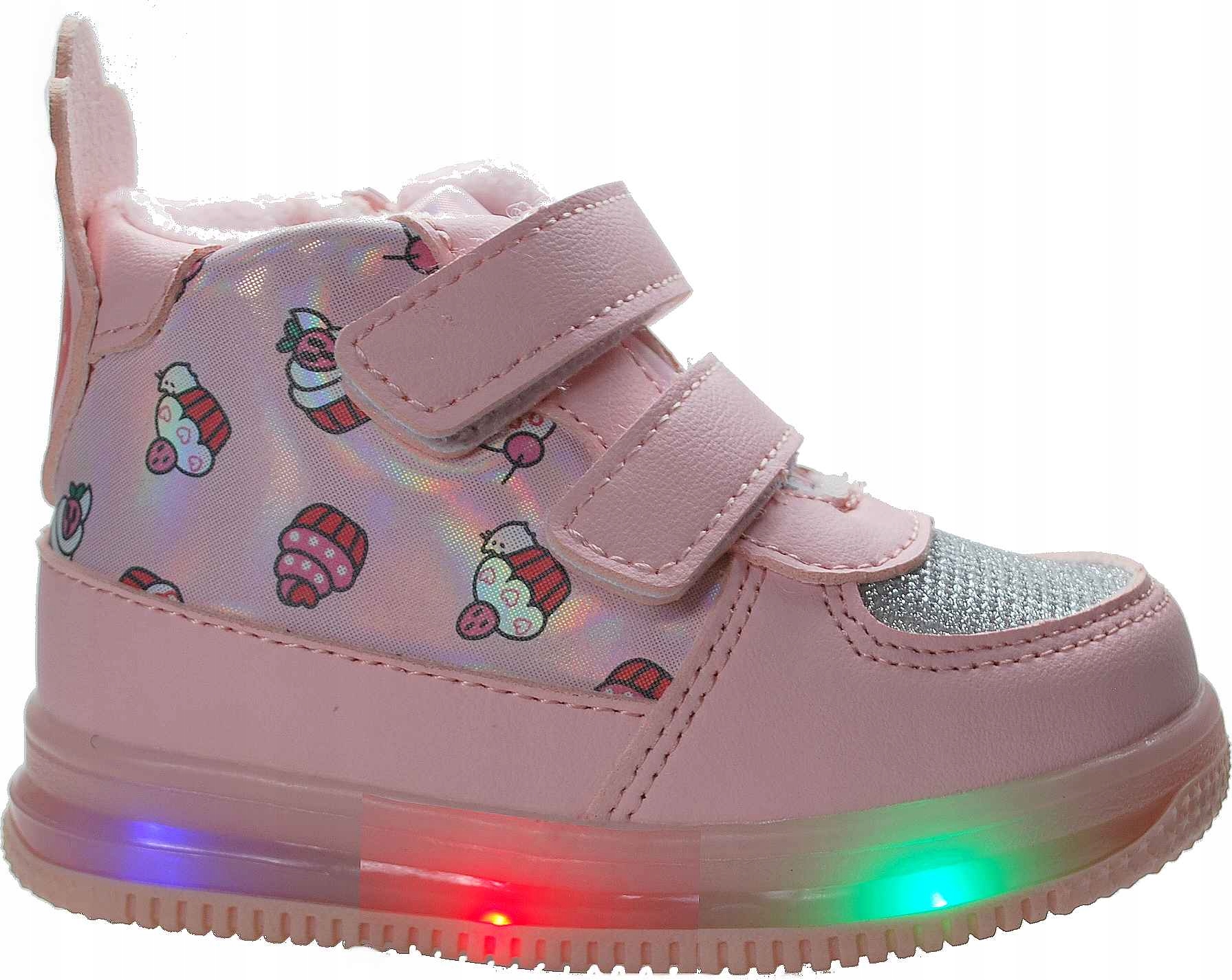 RÓŻOWE ŚWIECĄCE MIĘKKIE botki BUTY dla dziewczynki na rzep eko-skóra r 26
