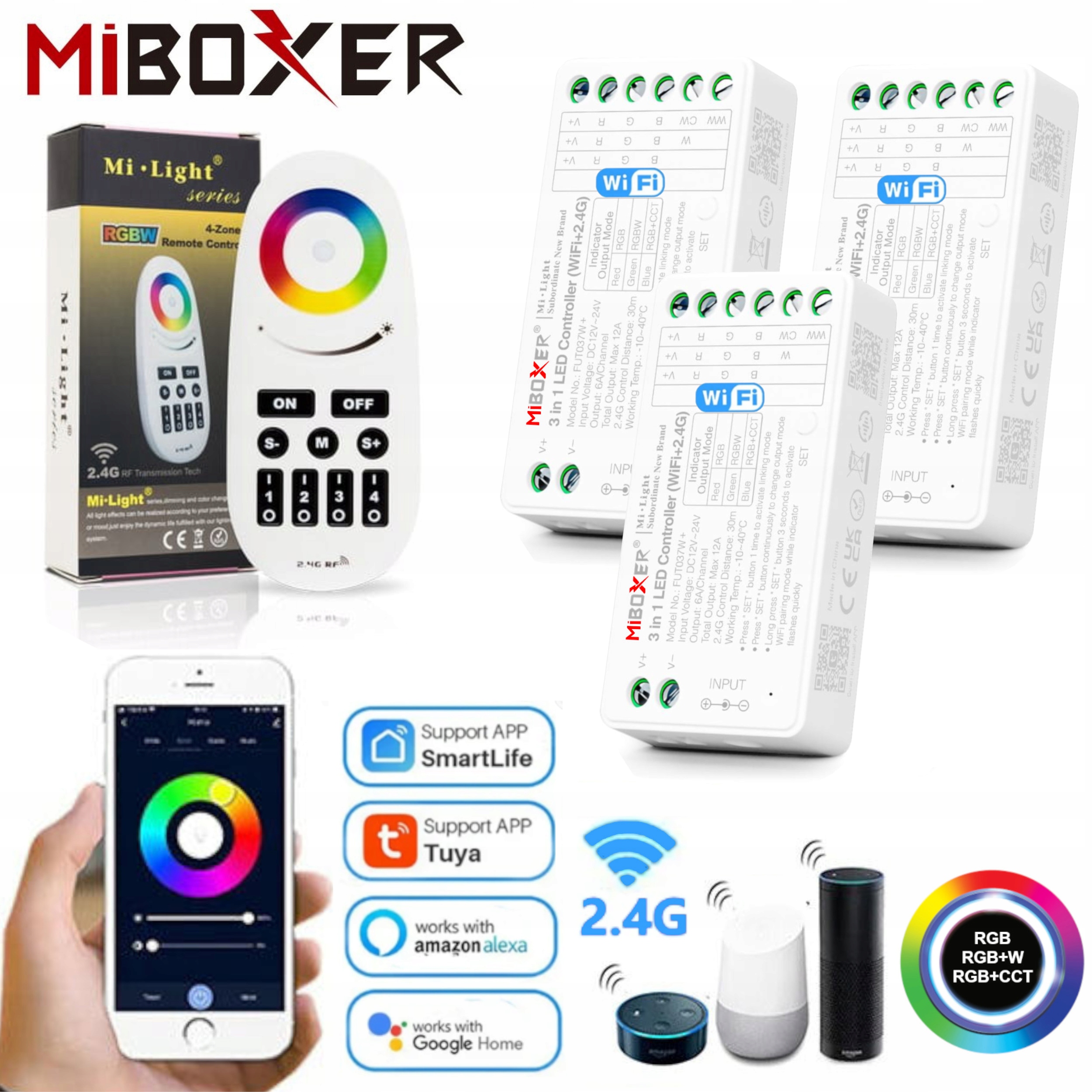 3x Led Ovládač 3v1 Rgbw Rgb+cct WiFi Smart Home S Pamäťou Diaľkový Ovládač