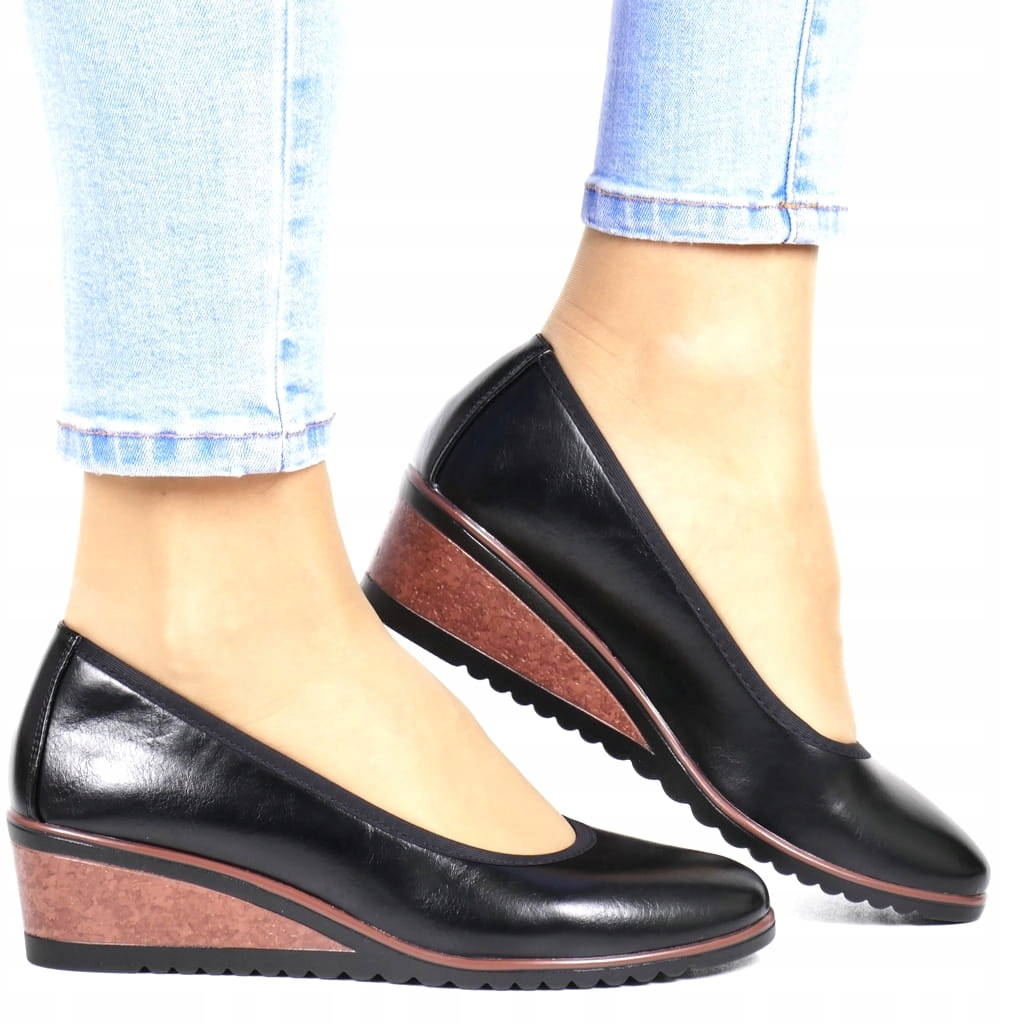 CZARNE PÓŁBUTY DAMSKIE NA KOTURNIE WSUWANE POTOCKI WYGODNE MOKASYNY SPRAWDŻ Rozmiar 38