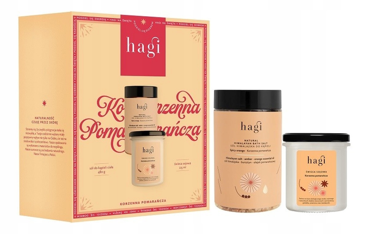 Hagi Kořeněná Pomeranč sada sójová svíčka 215 ml sůl do koupele 480 g