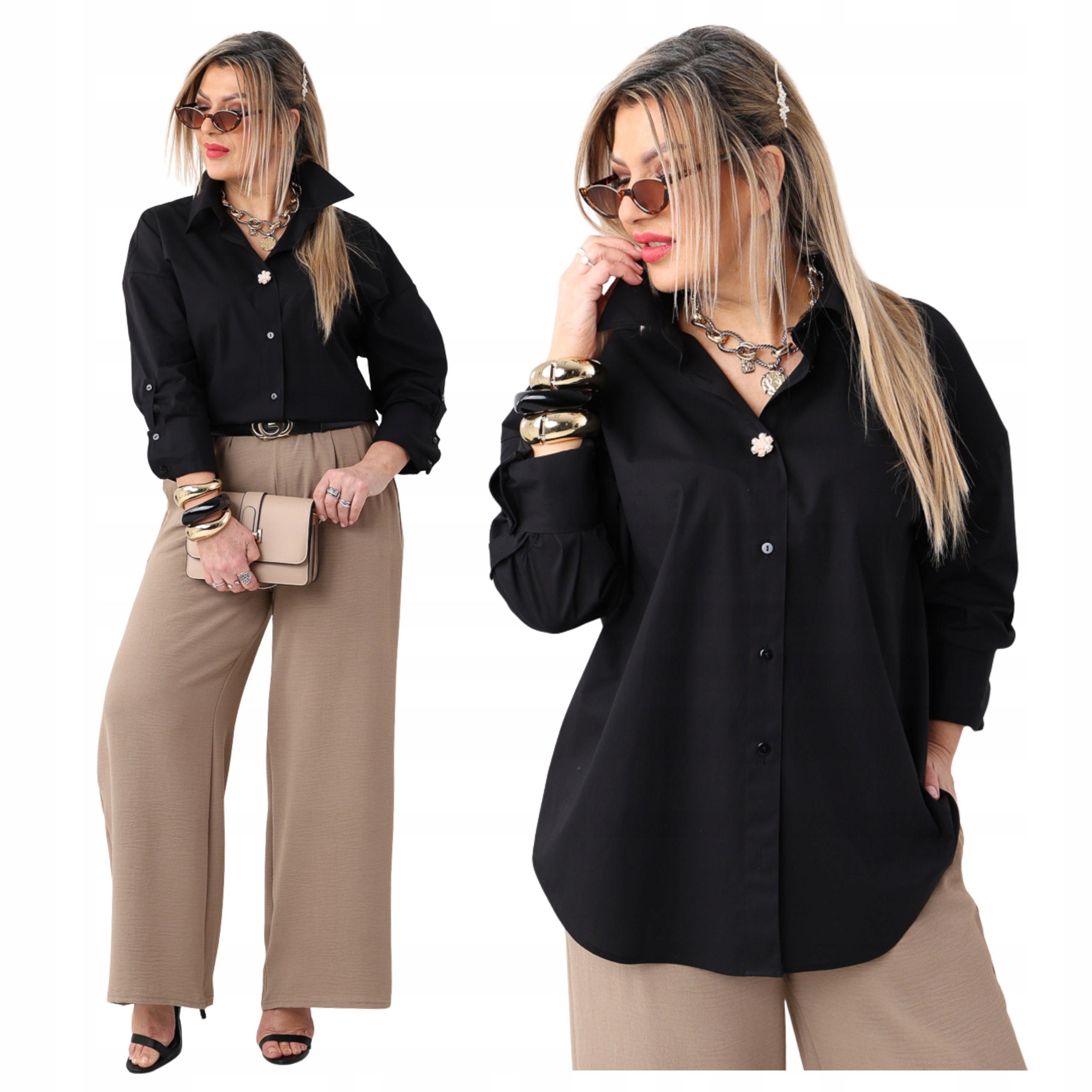 koszula damska gładka rozpinana z ozdobną broszką duże rozmiary