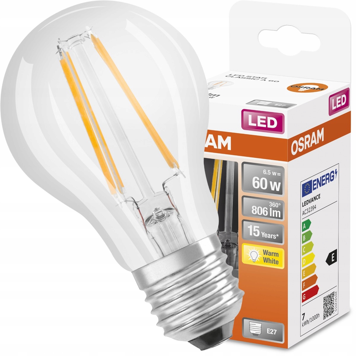 

Żarówka Led E27 A60 6,5W 60W 2700K Filament Osram