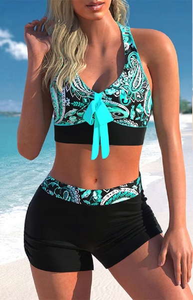 STRÓJ KĄPIELOWY DWUCZĘSCIOWY WYSZCZUPLAJĄCY BIKINI WYSOKI STAN BOKSERKI / S Rozmiar S