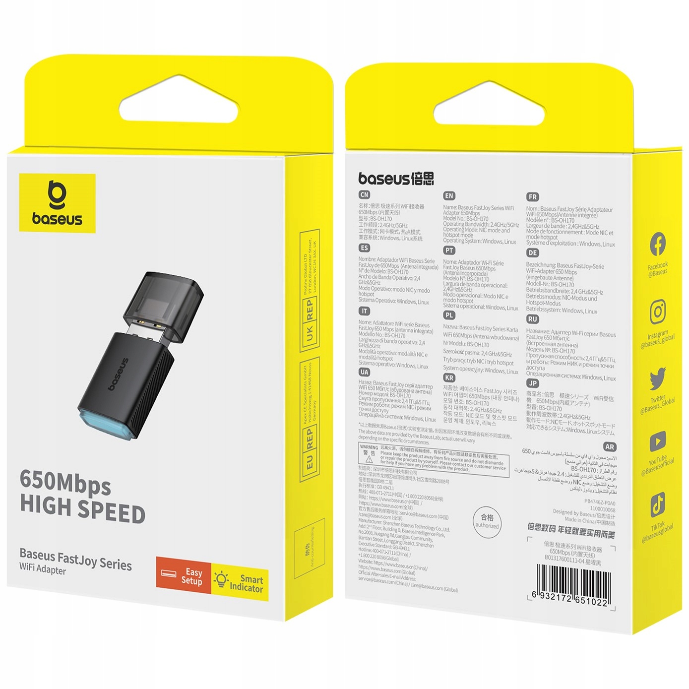 BASEUS ADAPTER KARTA SIECIOWA WIFI USB DO LAPTOPA ZEWNĘTRZNA 2.4GHz 650Mbps Maksymalna prędkość transmisji 650 Mb/s