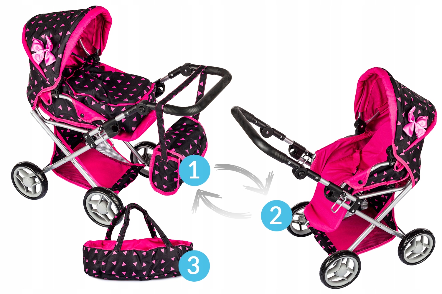WÓZEK DLA LALEK GŁĘBOKI SPACERÓWKA GONDOLA 3w1 KINDERPLAY TORBA POŚCIEL Szerokość produktu 70 cm