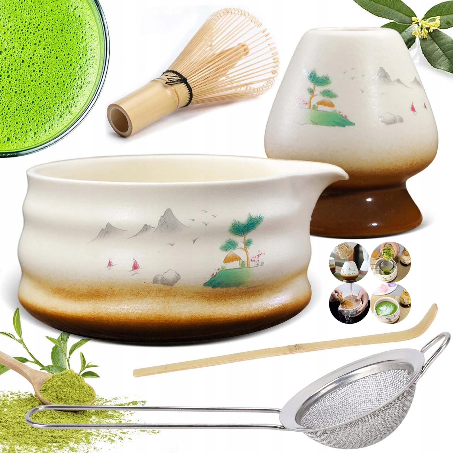Levně Dárková Sada Na Čaj Matcha Miska Na Matchu Sklenička Lžička 5EL
