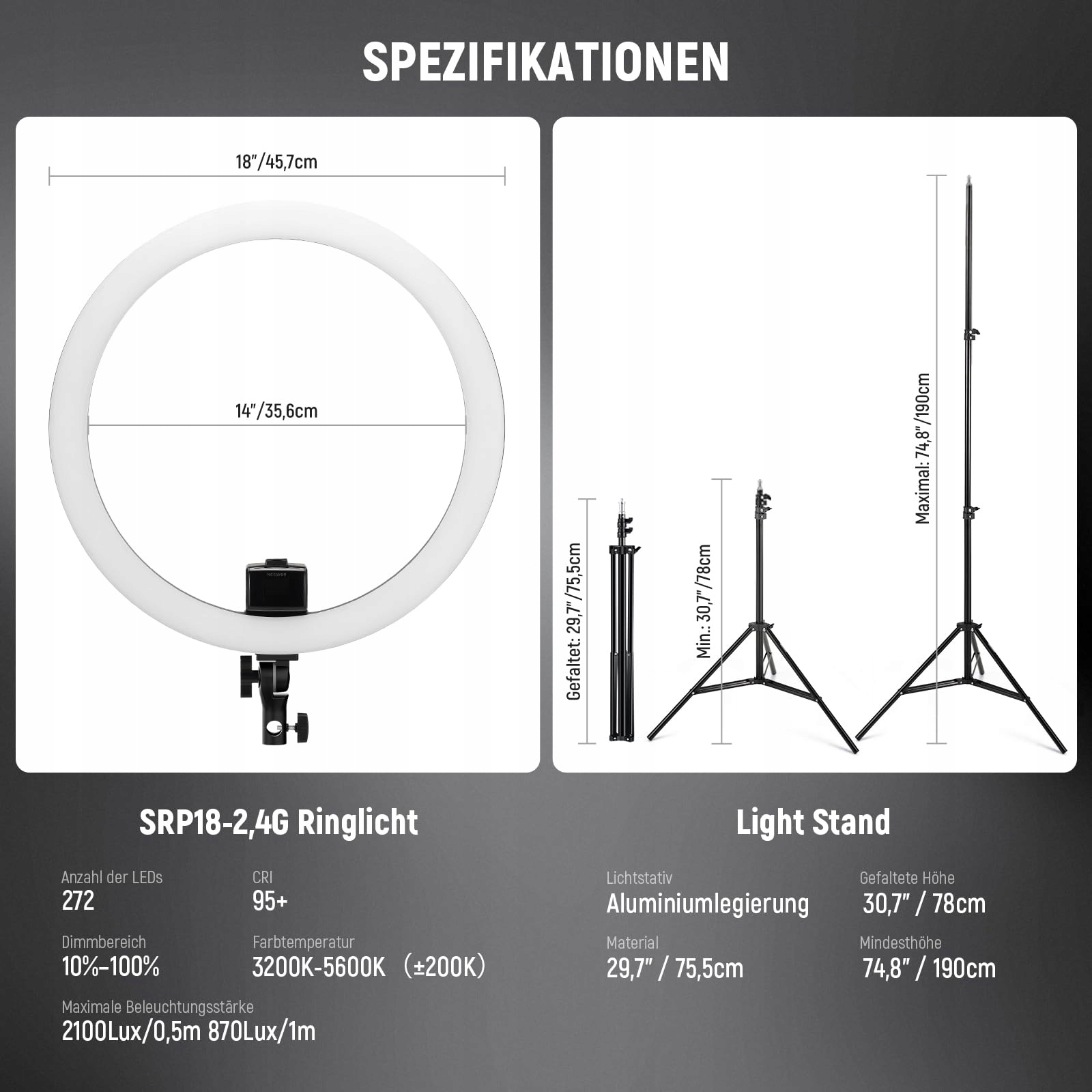 NEEWER Lampa Pierścieniowa LED 18 Calowa Z Telefonem i Stojakiem — miniatura 7