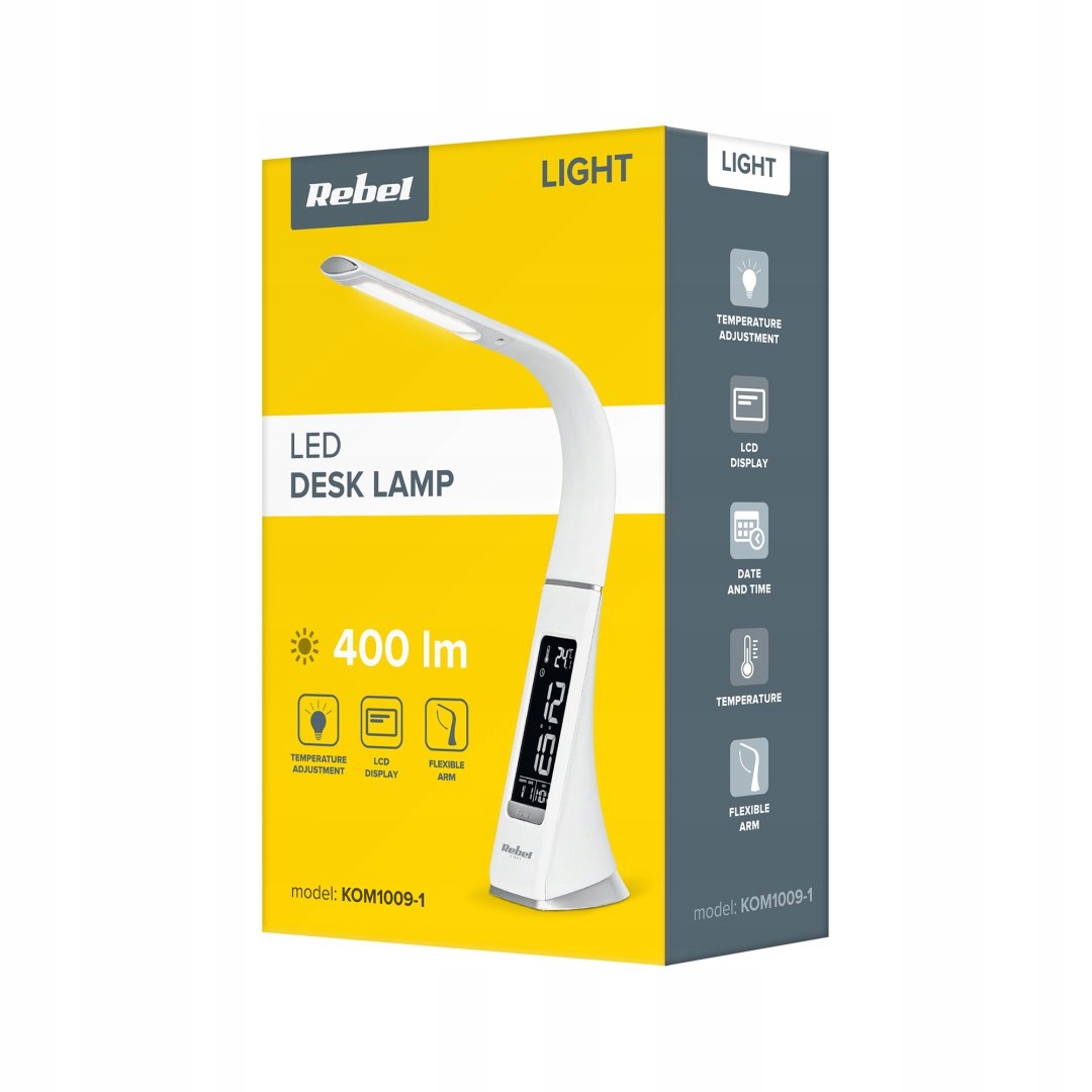 LAMPKA REBEL LED NA BIURKO (ZEGAR, DATOWNIK, TEMPERATURA) Waga produktu z opakowaniem jednostkowym 0.15 kg