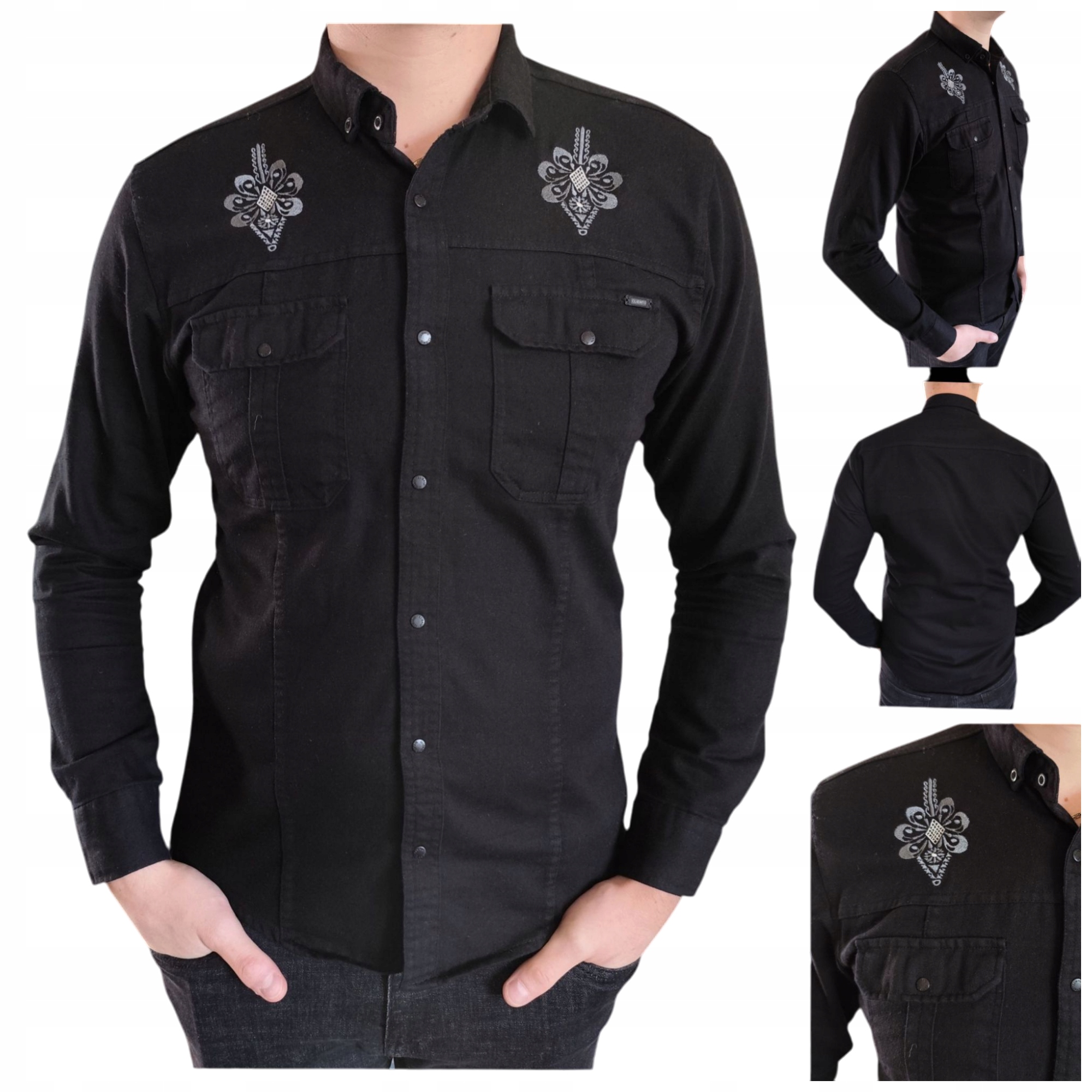 Pánská elegantní košile s výšivkou Slim Fit snapy casual Folková černá 6XL