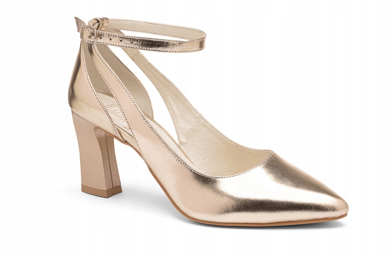 Kožené lodičky s páskem kolem kotníku, stabilní, zlaté, Mila 39