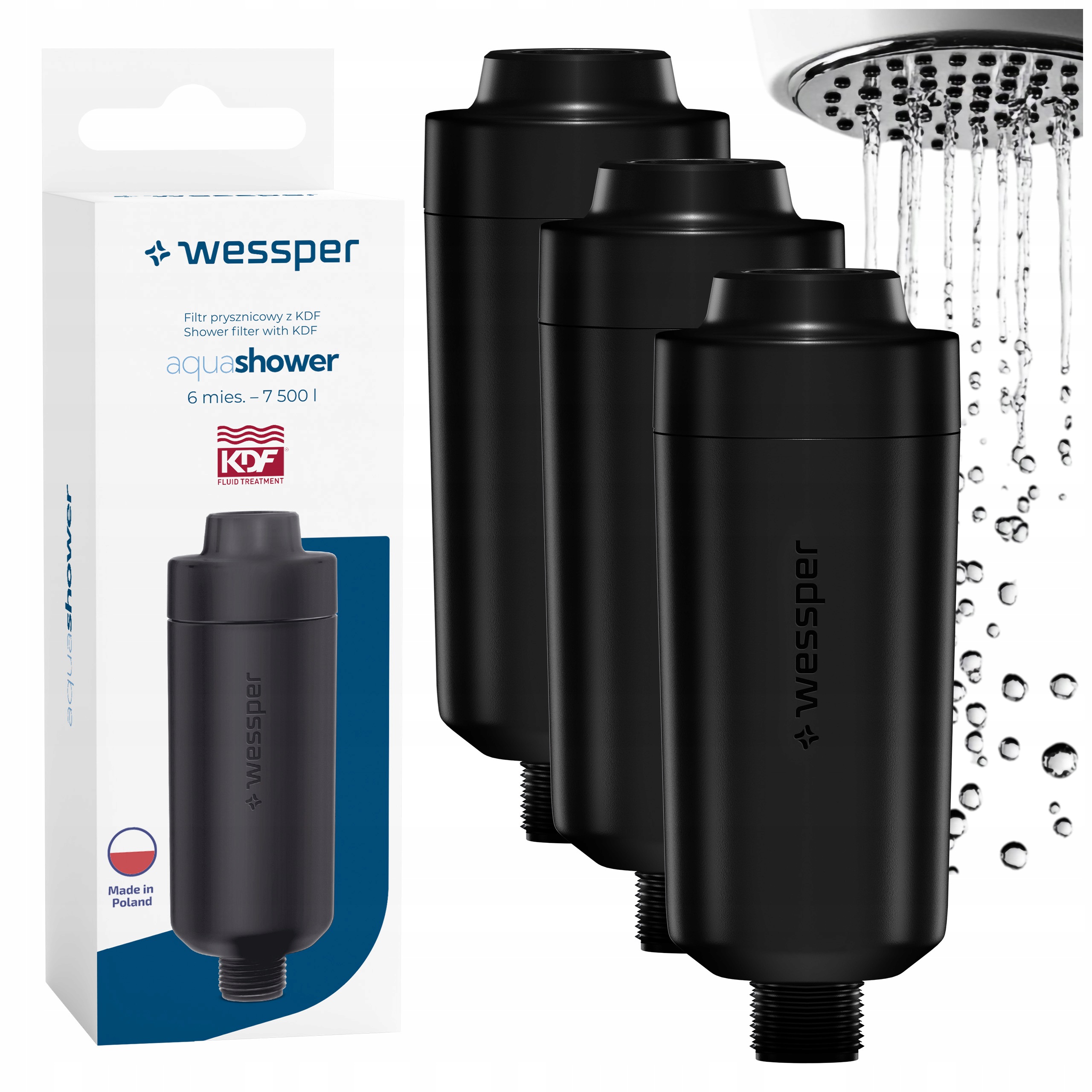 Sada 3x Sprchový Filtr Wessper černý odstraňuje chlór z vody Kdf