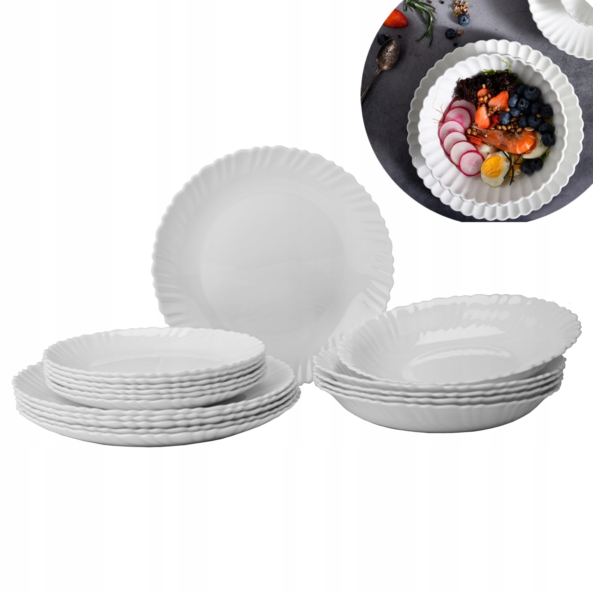 KOMPLET TALERZY SERWIS OBIADOWY 36EL ZESTAW OBIAD DLA 12 OSÓB BIAŁY SZKŁO