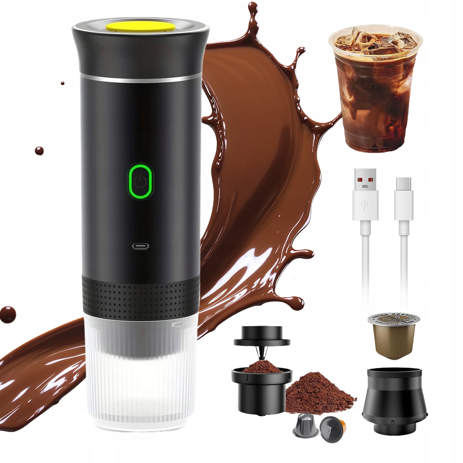 Přenosný Kávovar Na Turistické Kapsle 15 Bar 7500 mAh Černý