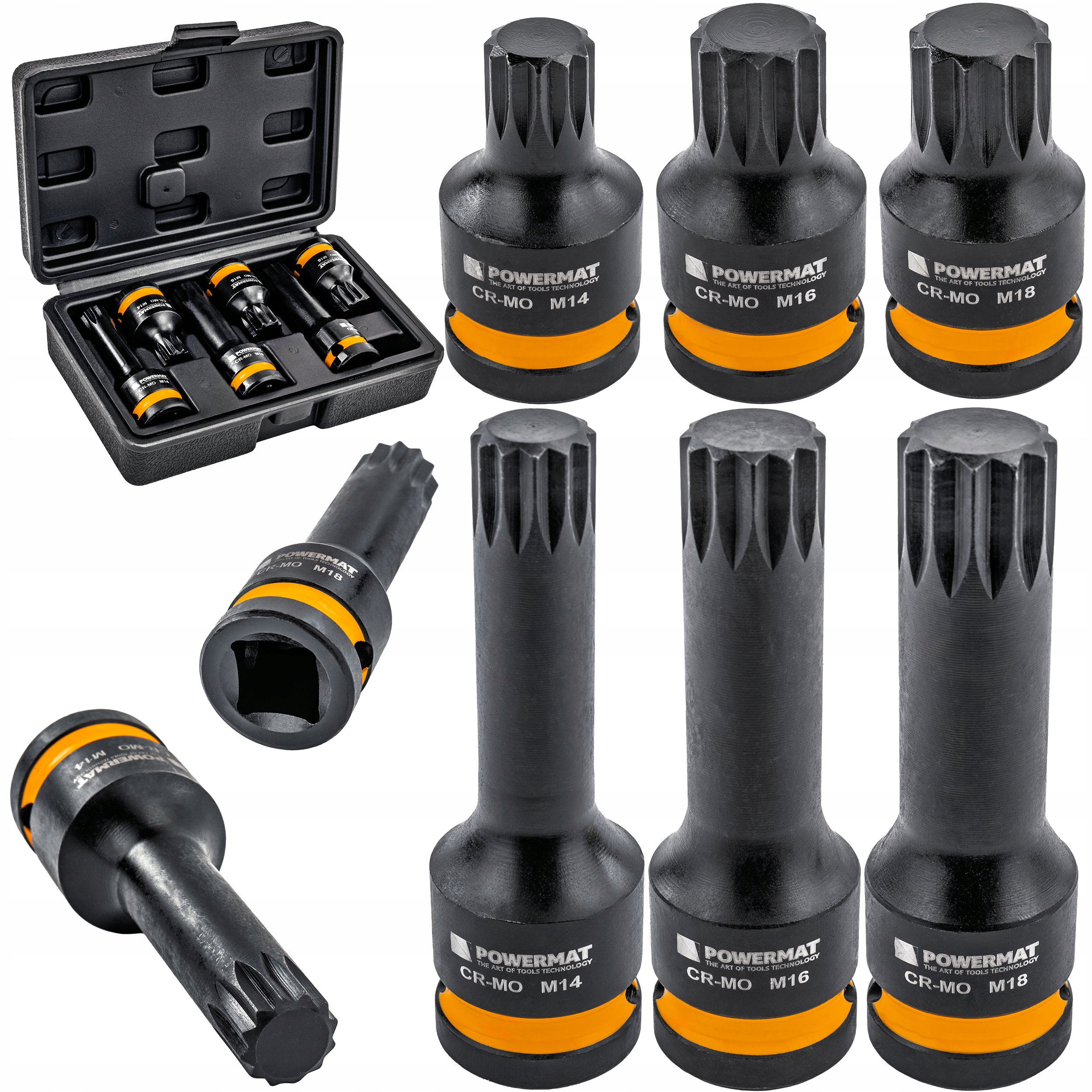 Nasadki Udarowe Spline 1/2 Crmo 6SZT M14 M16 M18 Do Śrub 45MM 78MM Walizka