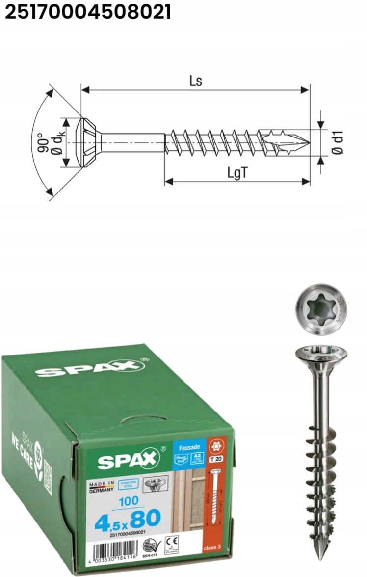 Šroub do fasádní desky spax 4,5 x 80 Li A2 Tx cut 100 ks