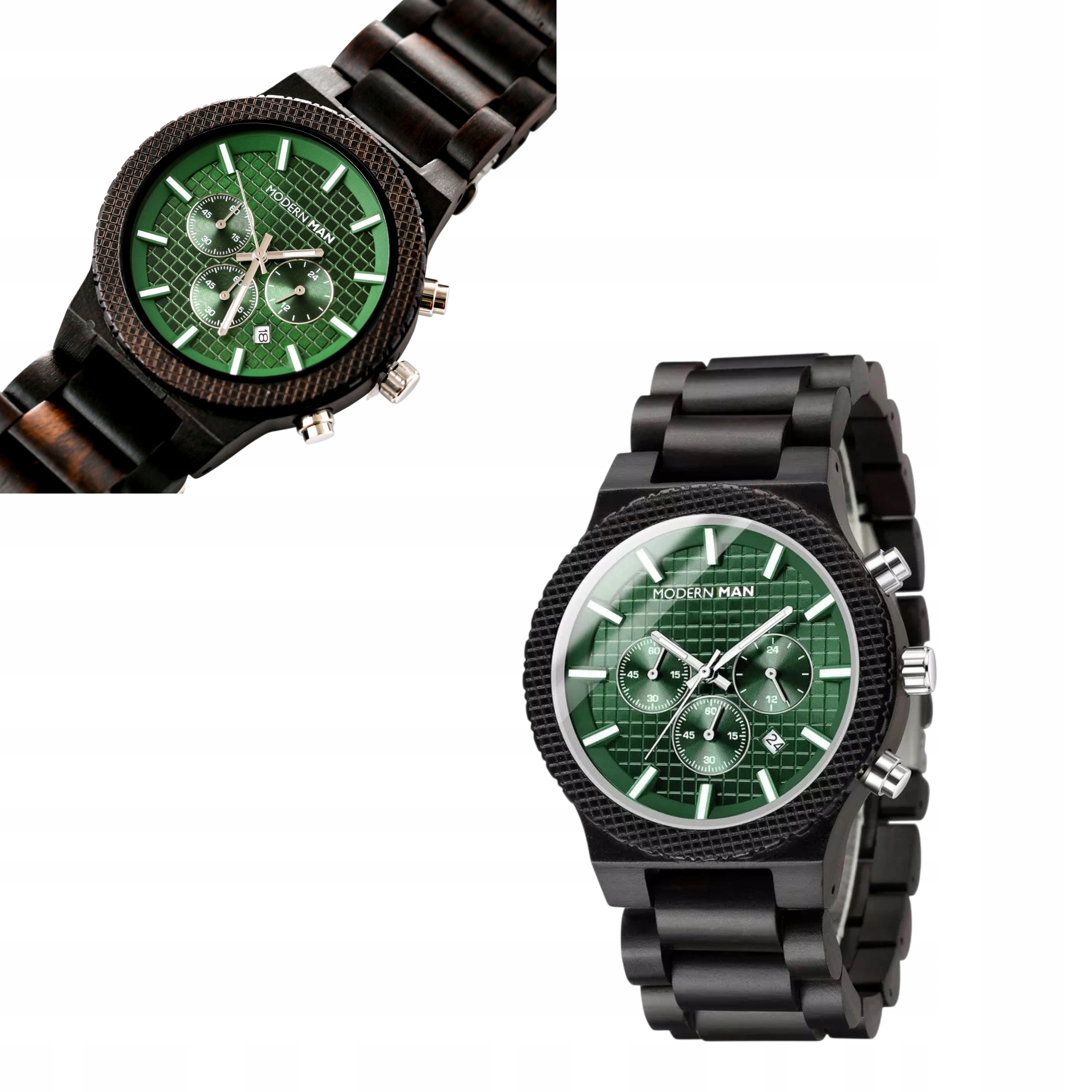 Pánské Hodinky Dřevěné Černé Zelené Ciferník Elegantní Dárek