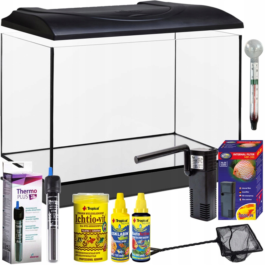Zestaw Akwariowy 25L Wyposażenie Akwarium Filtr Grzałka Mata Preparaty