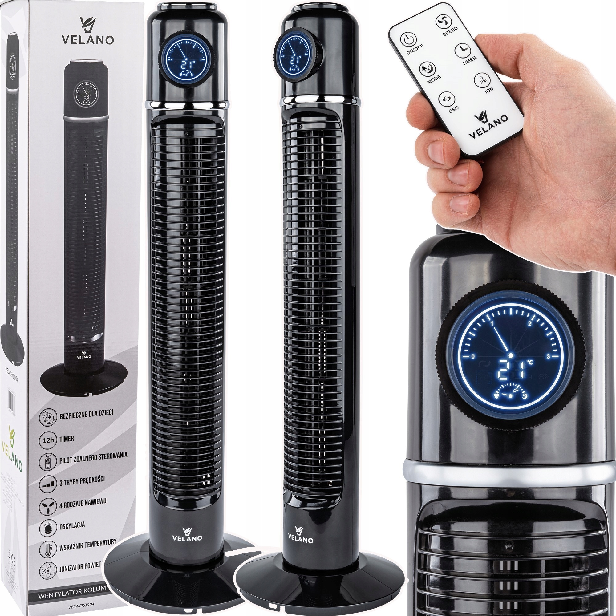 Podlahový Sloupový Ventilátor Výkonný 50W Větrák Oscilace Led Časovač Dálkový Ovladač