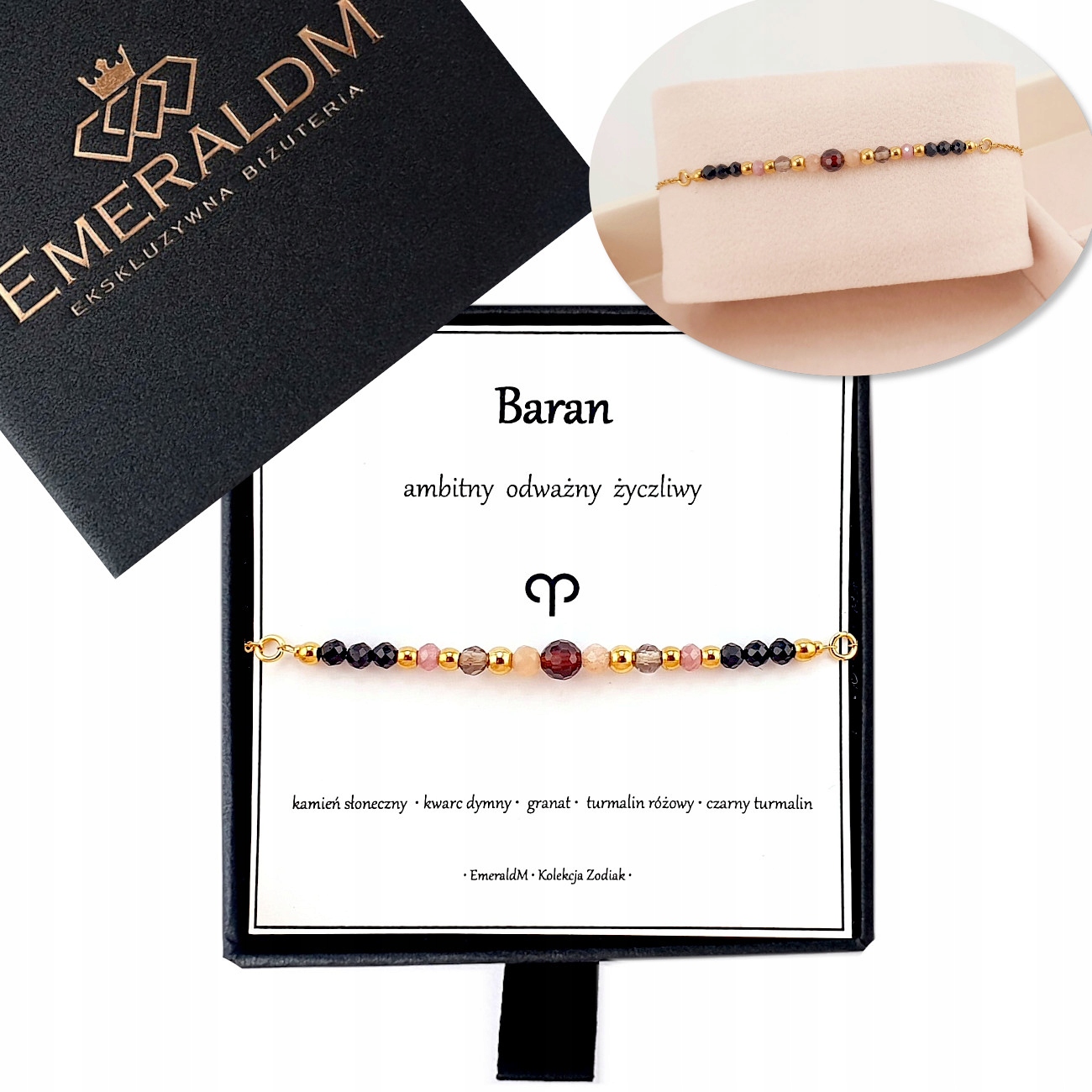 Bransoletka złota znak Zodiaku Baran dla Barana urodziny turmalin