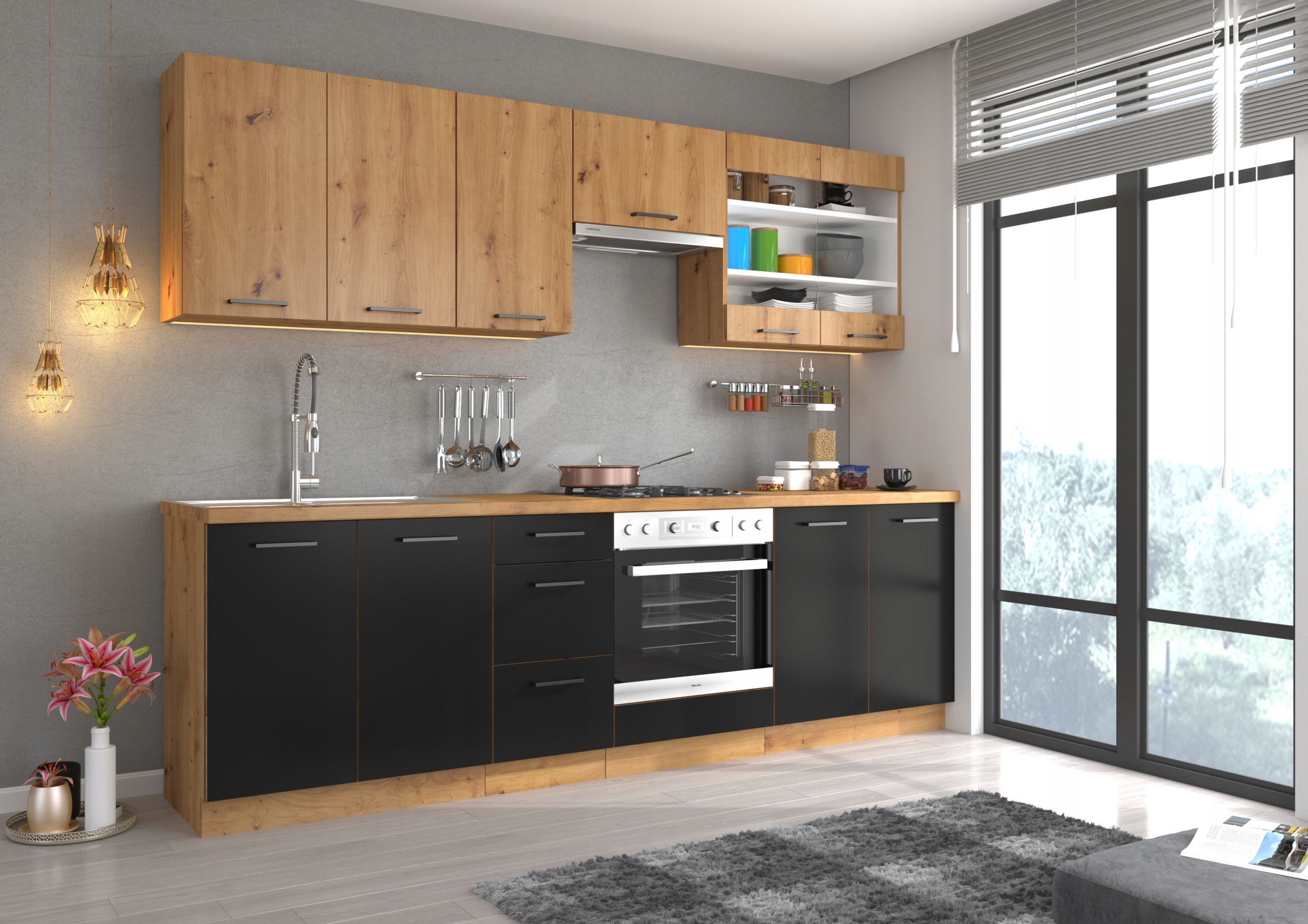 Szafka Modena 40 dolna 1 drzwi czarny mat z dąb artisan Wysokość mebla 82 cm